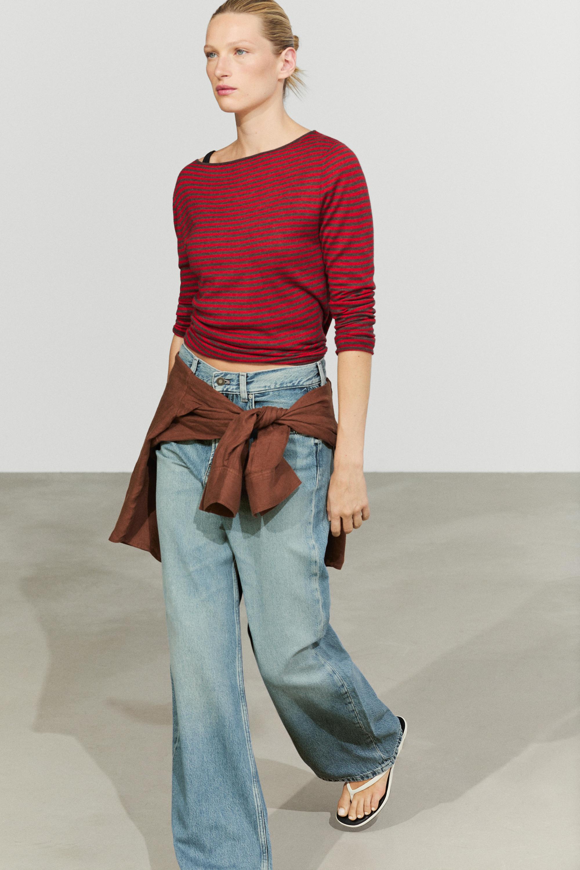 Striped wool-blend knit sweater — RED