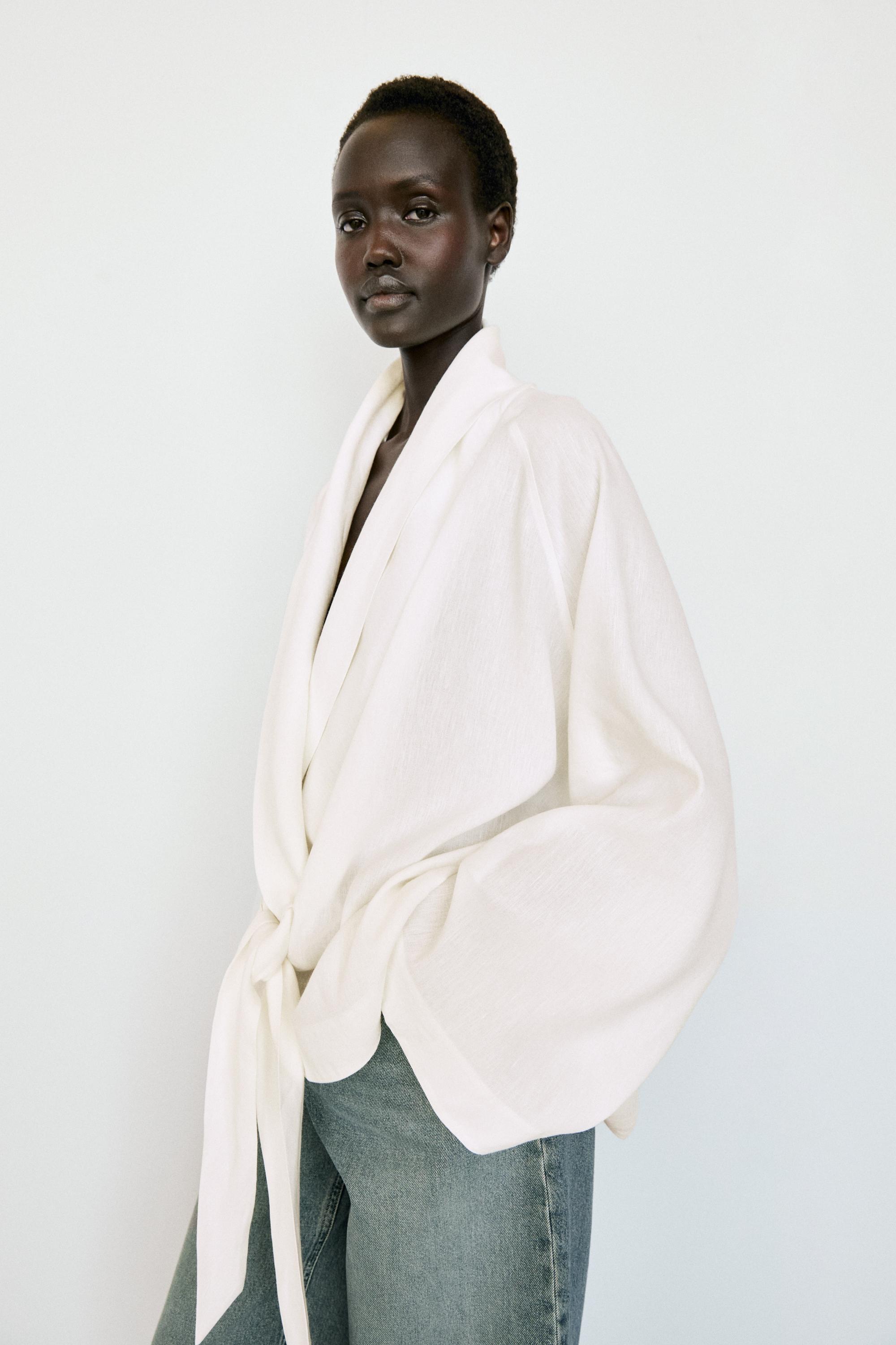 Flowing linen-blend shirt with tie detail — WHITE