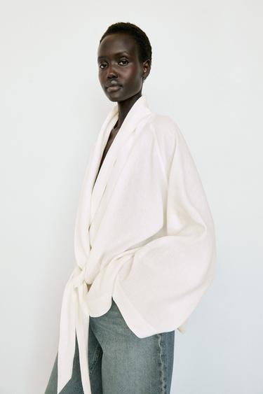 Flowing linen-blend shirt with tie detail — WHITE 5
