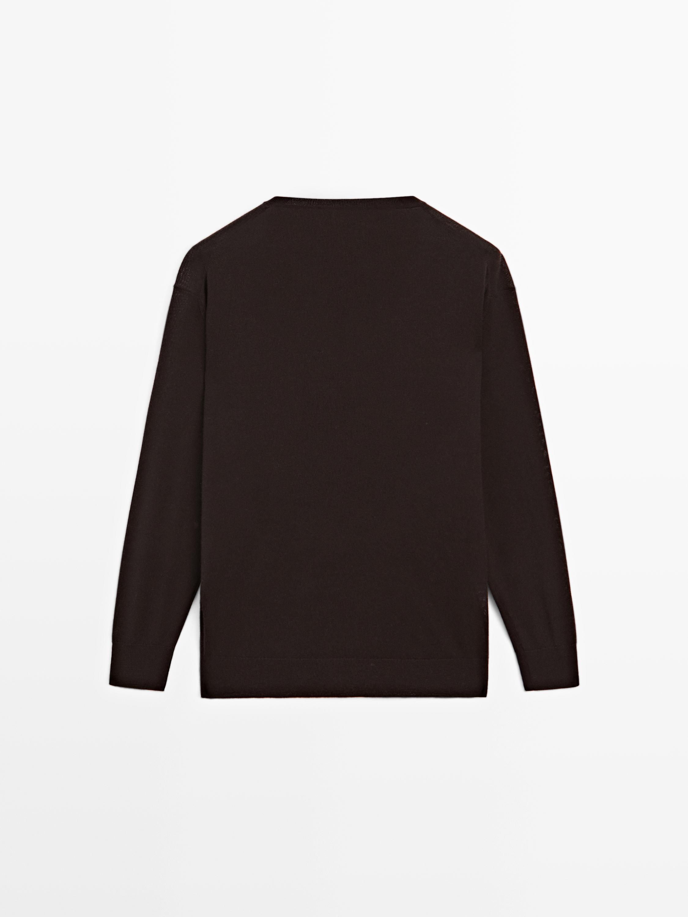 100% wool V-neck knit sweater — BROWN