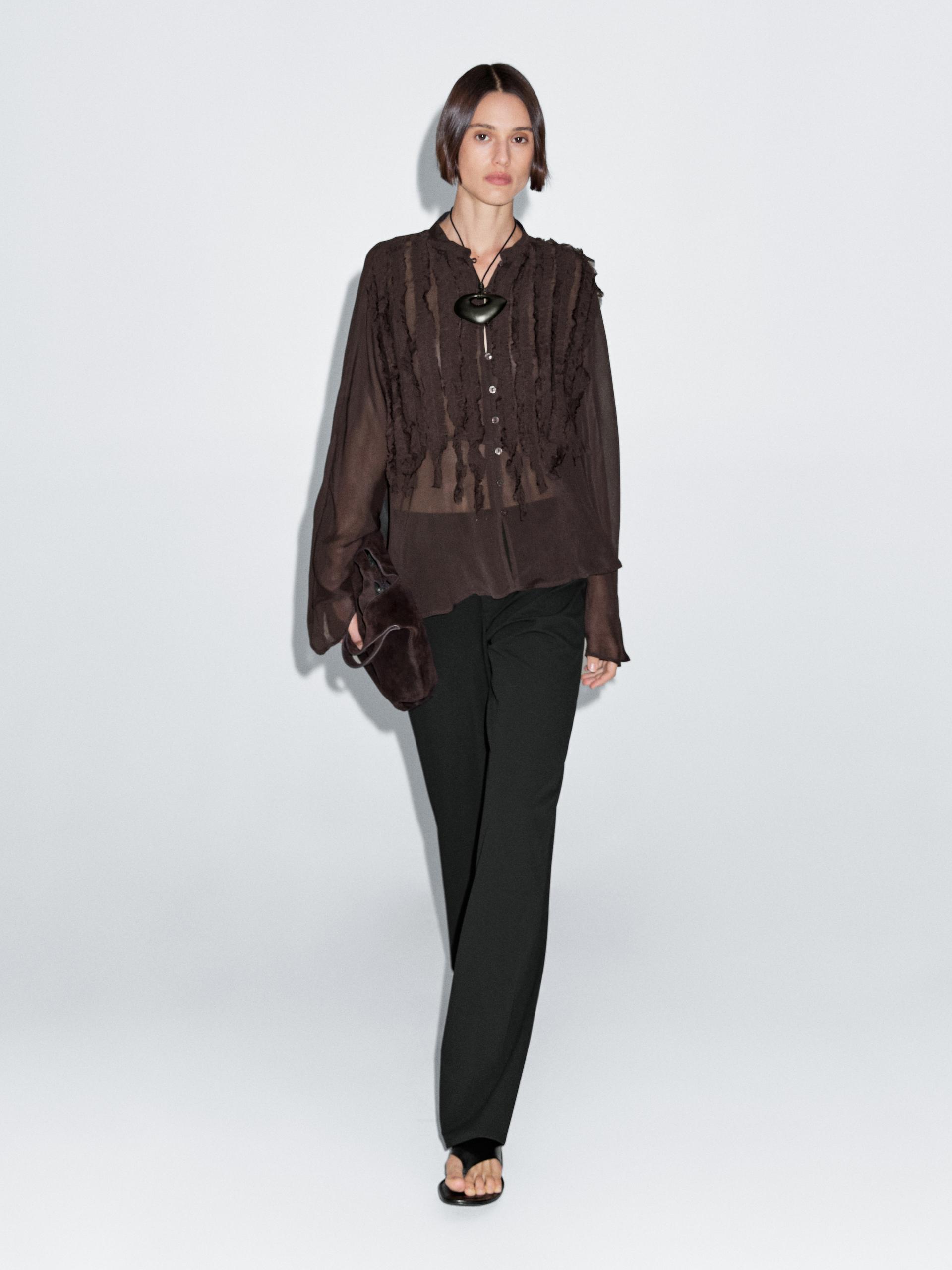 Camisa Fluida Com Peitilho E Folhos - Beringela - Xs - Massimo Dutti - Mulher
