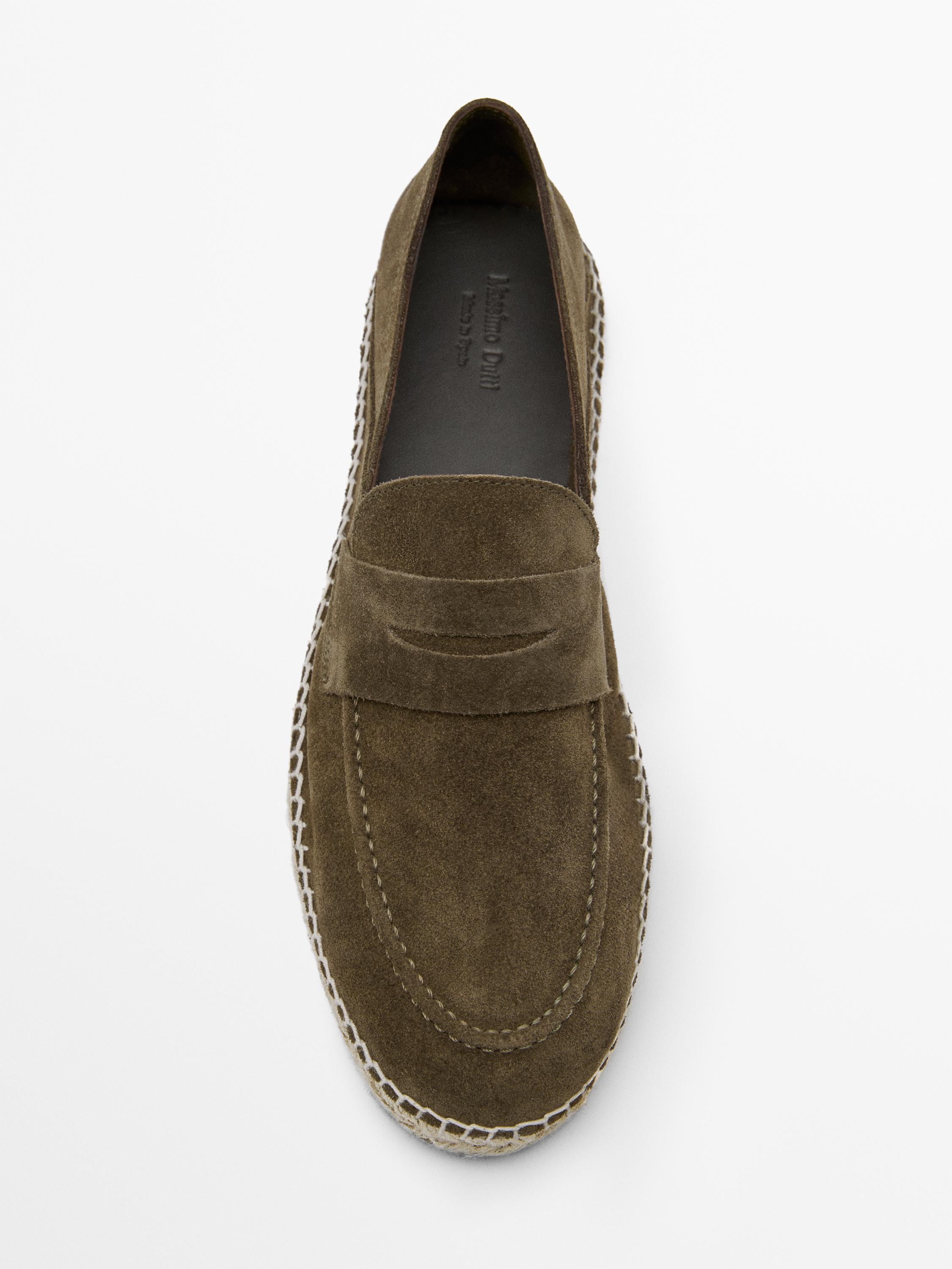 Split leather espadrilles with penny strap — KHAKI