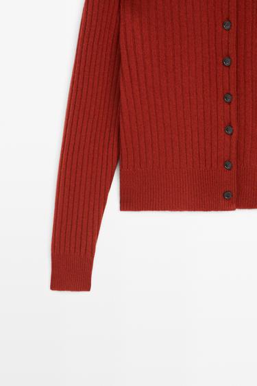 Ribbed knit cardigan with tab detail — DARK PINK 7