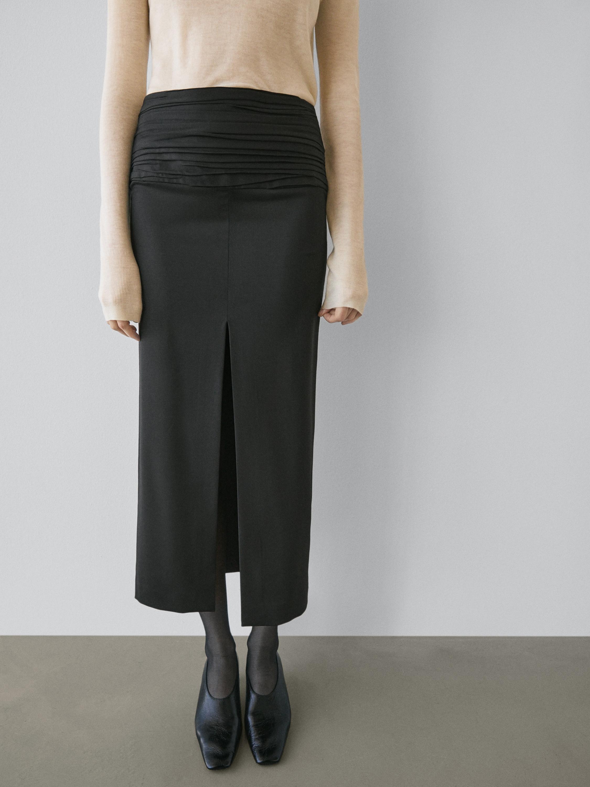 Straight midi skirt with gathered sash - STUDIO — BLACK