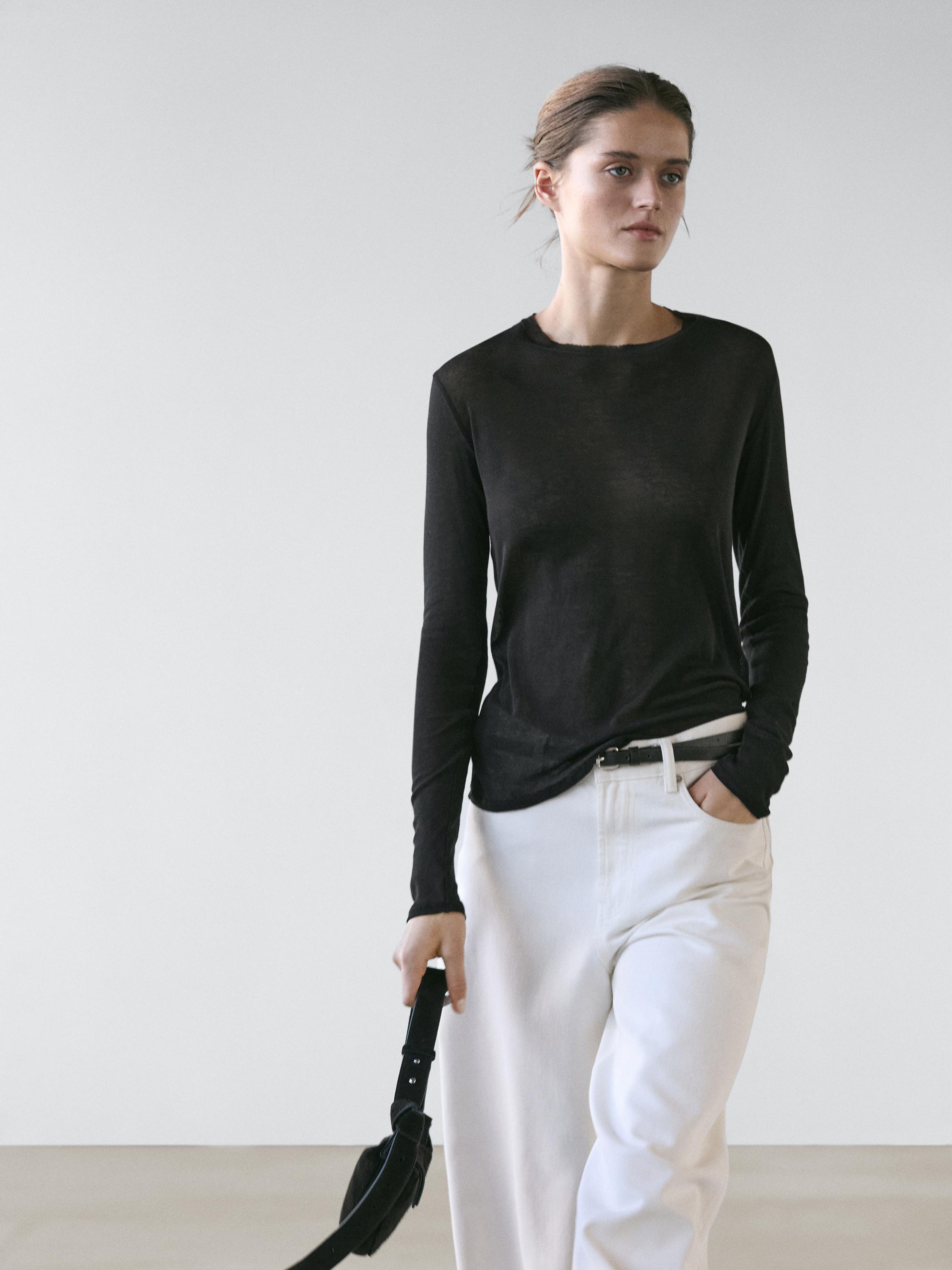 100% cotton semi-sheer T-shirt with collar detail — BLACK