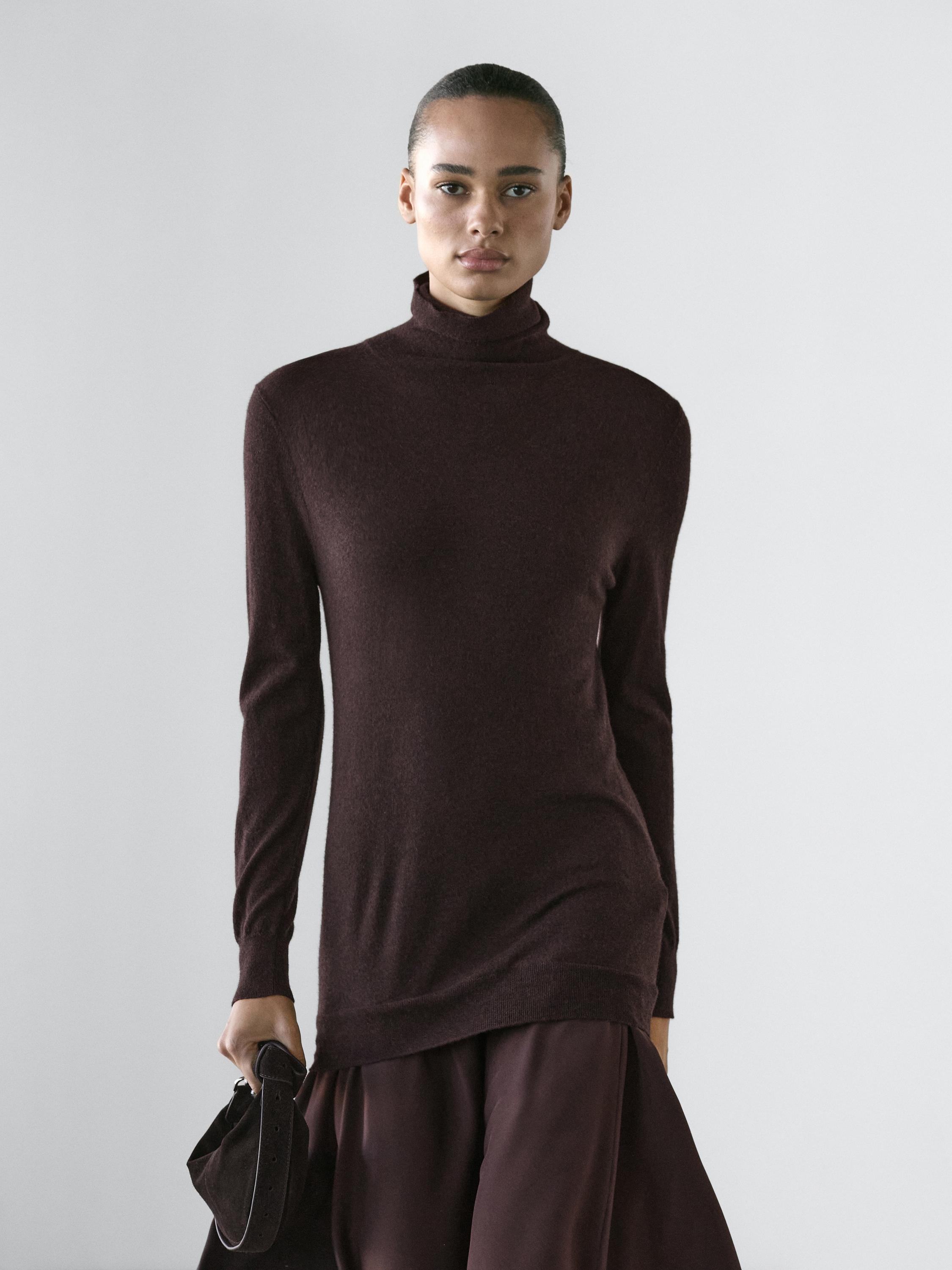 Wool blend knit dress with contrast detail — Chocolate
