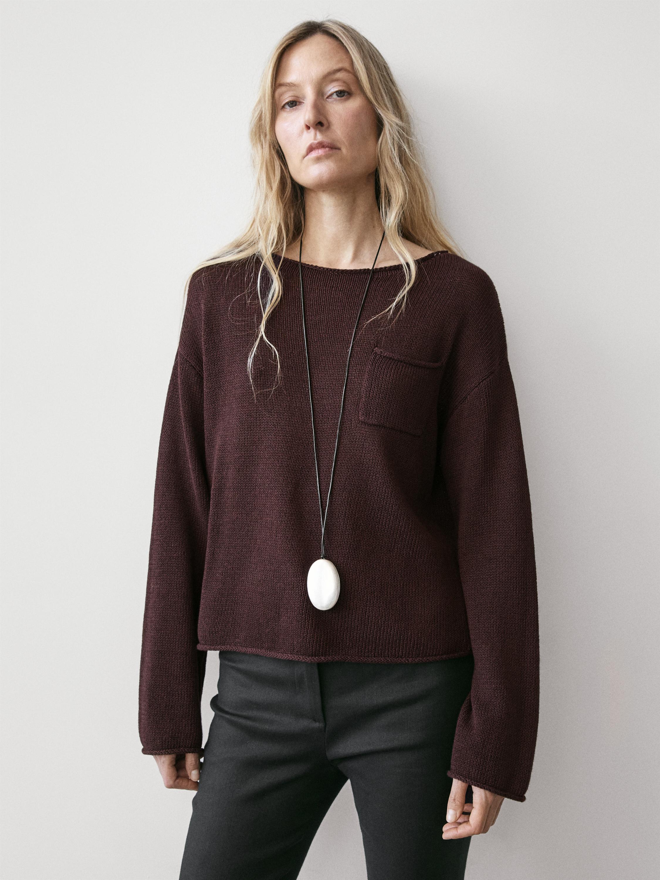 Cotton and linen knit sweater with pocket detail — BROWN