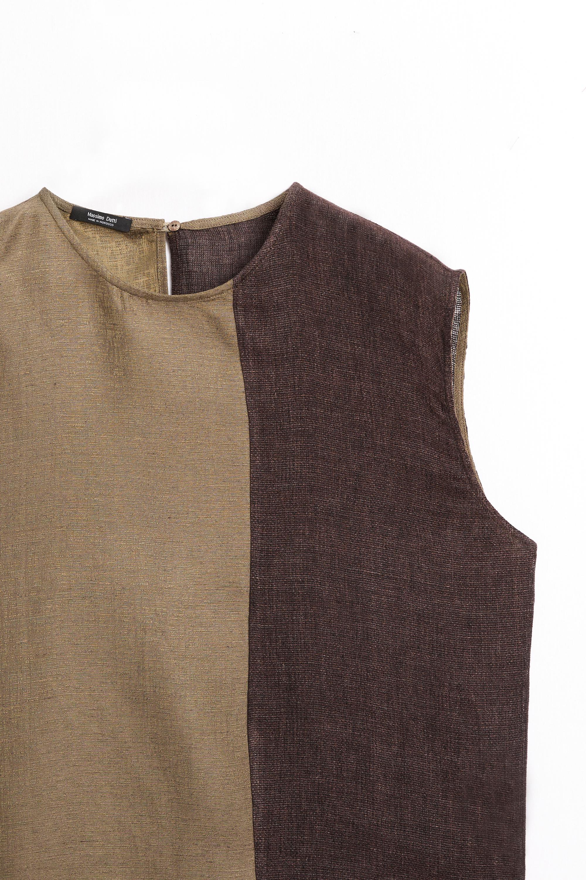 Linen-blend color-block flowing top — BROWN