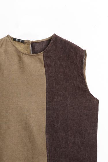Linen-blend color-block flowing top — BROWN 9