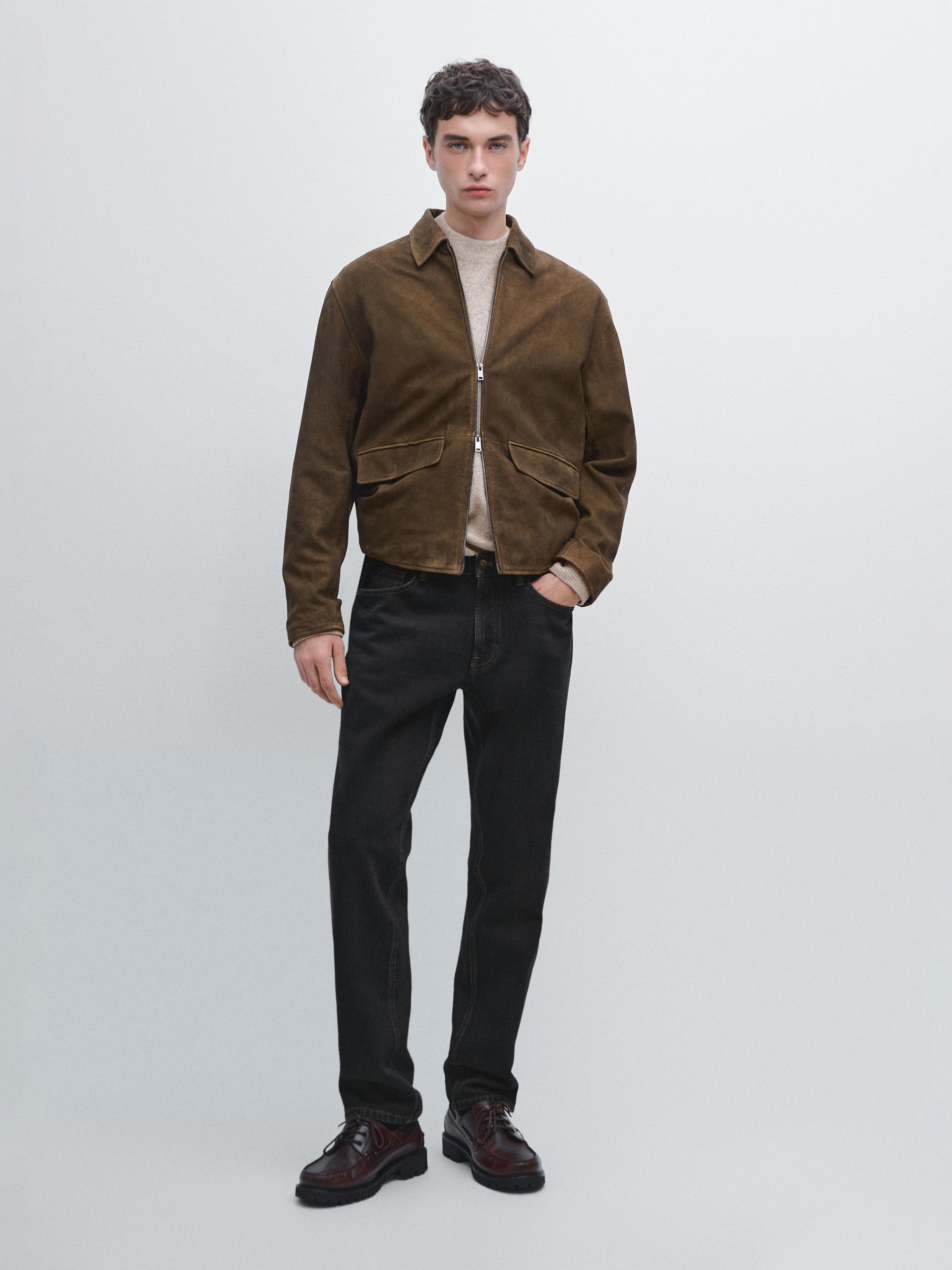 Giacca In Pelle Scamosciata Nappata Con Dettaglio Slavato - Marrone - L - Massimo Dutti - Maschile