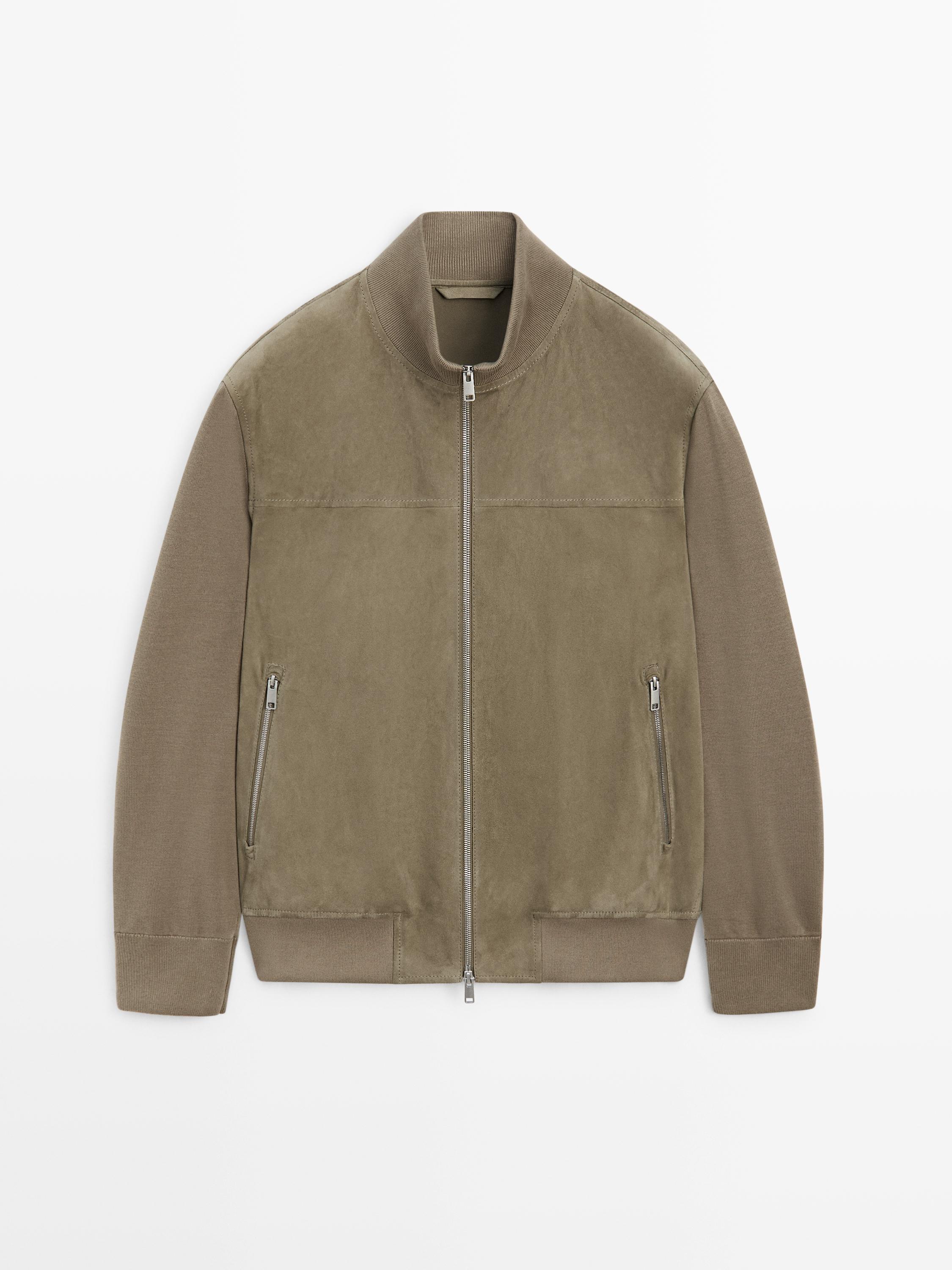 Casaco de malha combinado em pele camurça