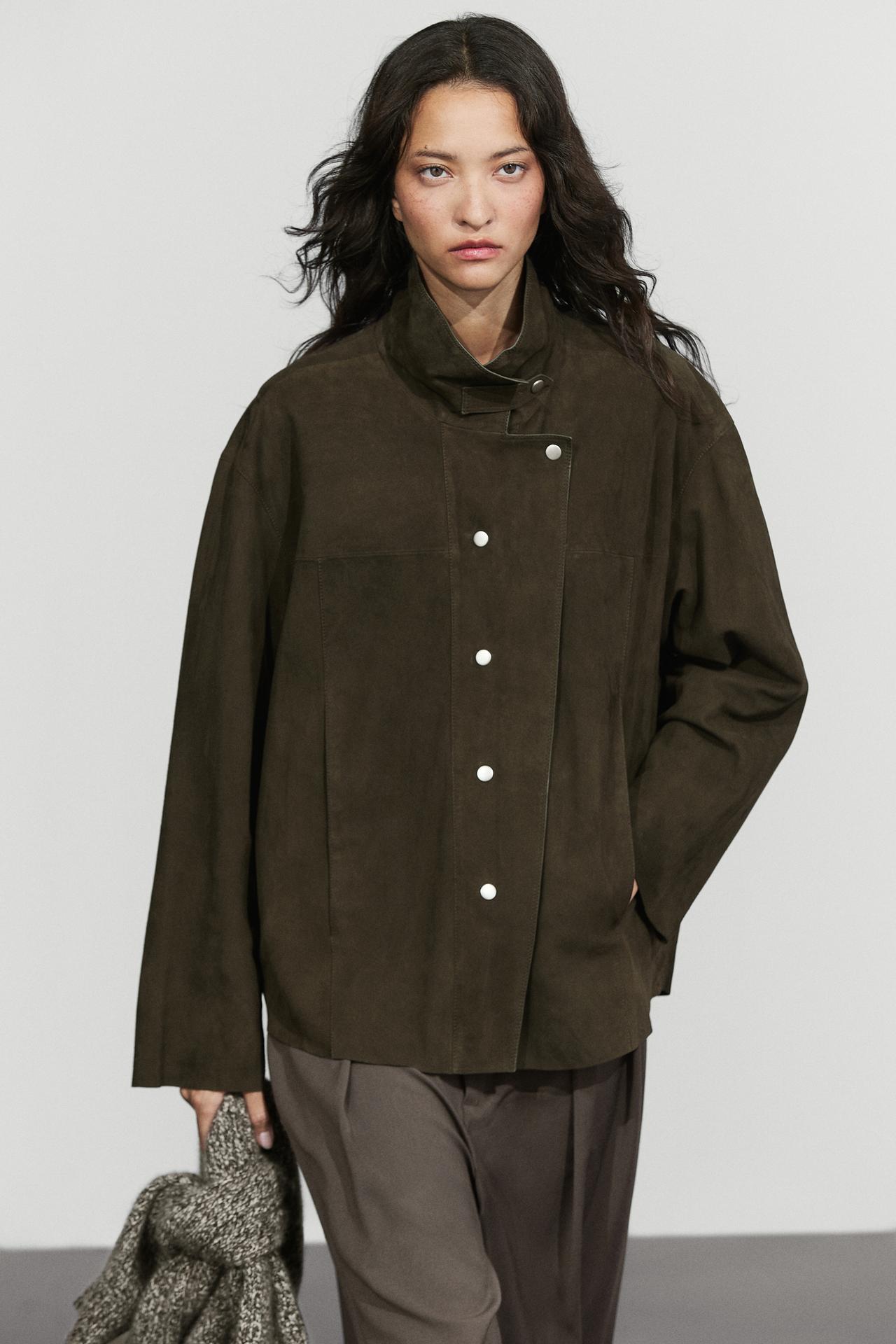 Suede high neck jacket — KHAKI