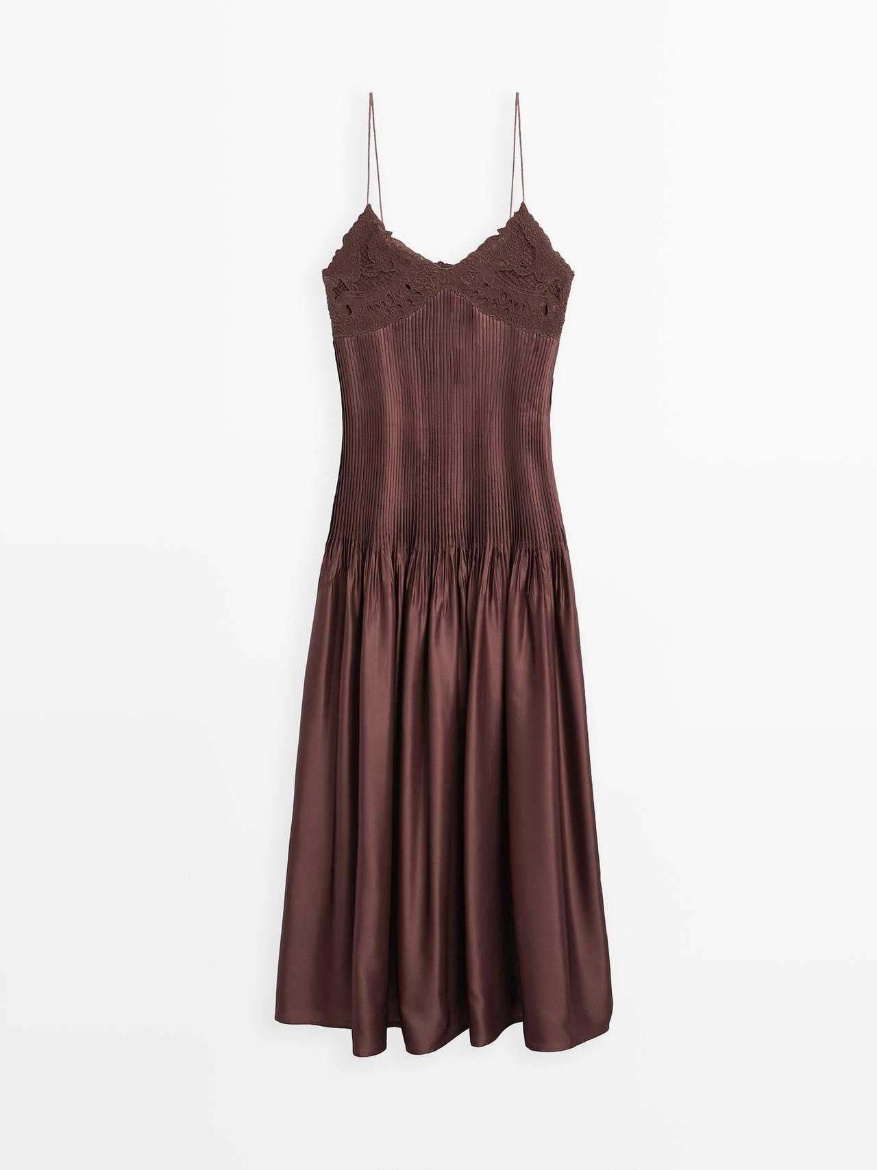 Massimo Dutti - Dame - Løstsiddende Midikjole I Satin Med Stropper - Bordeaux - 40