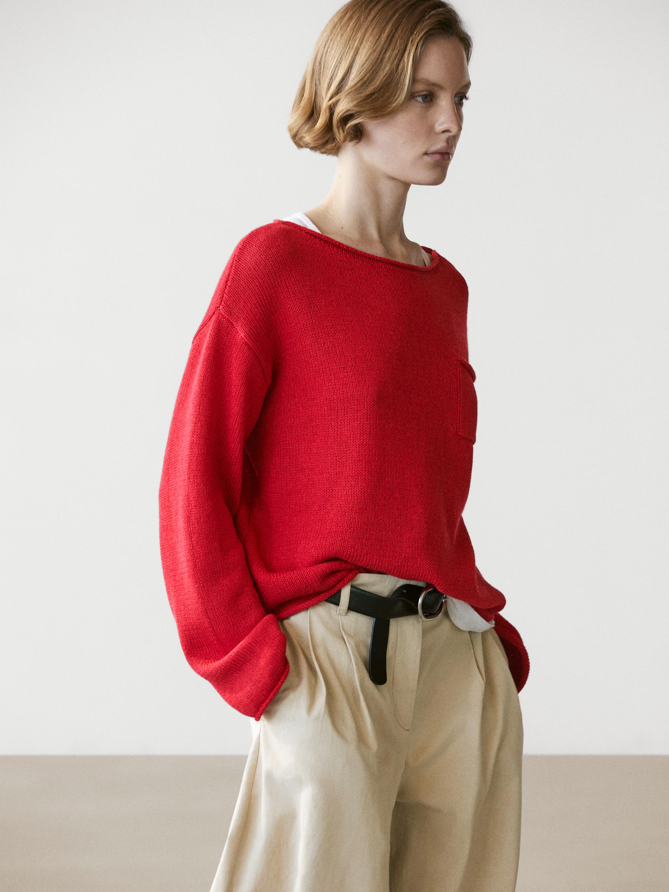 Cotton and linen knit sweater with pocket detail — RED