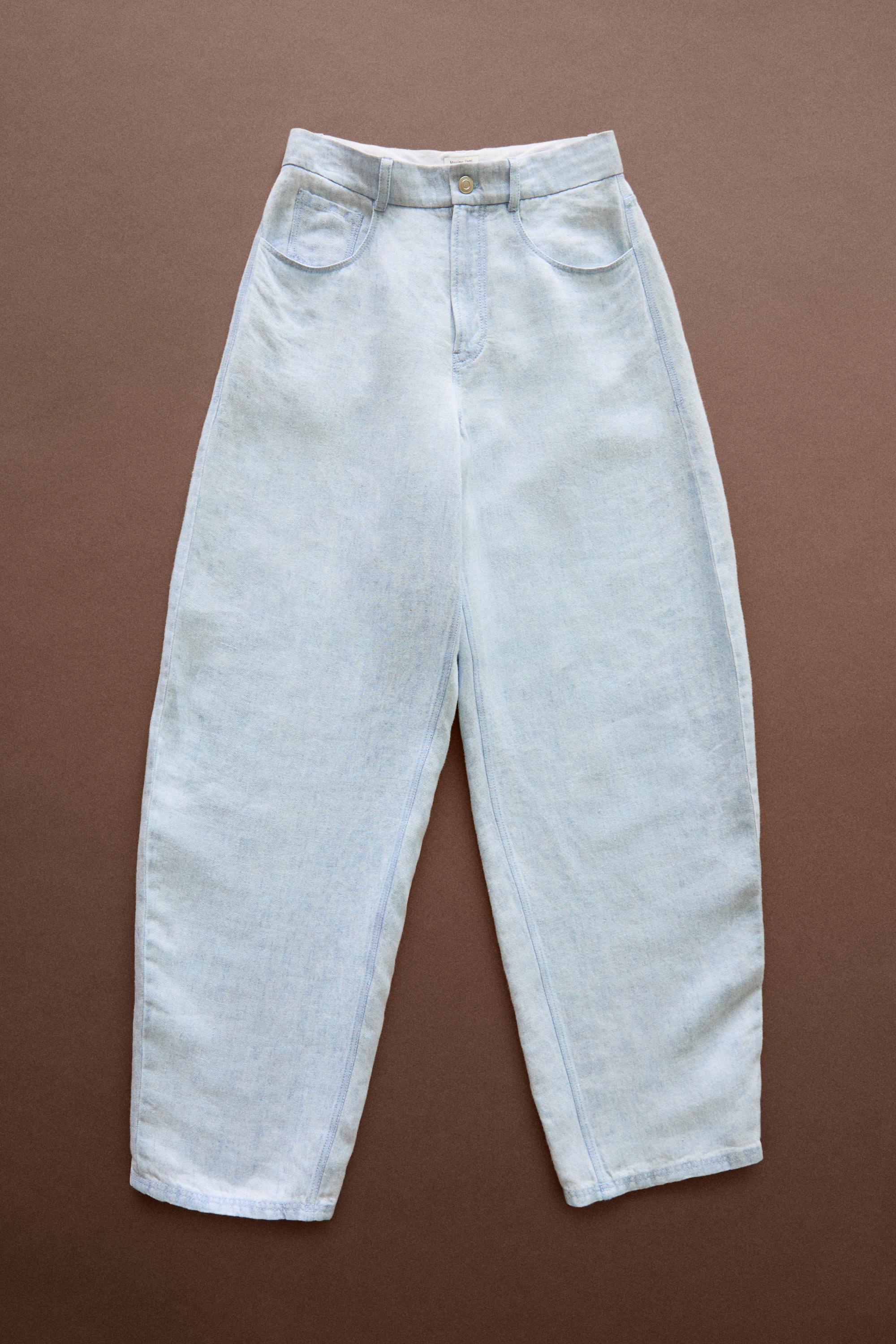 100% linen barrel fit pants - STUDIO — Light Blue