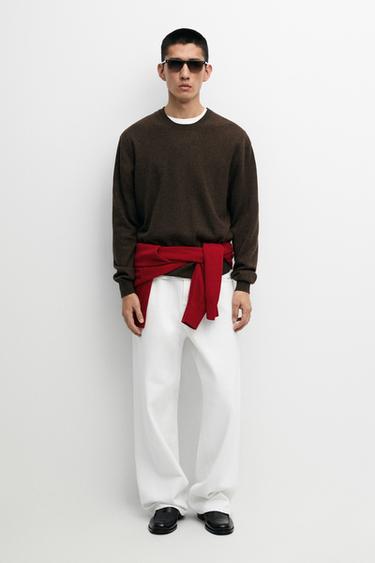 Knit 100% cashmere round neck sweater — BROWN MARL 1