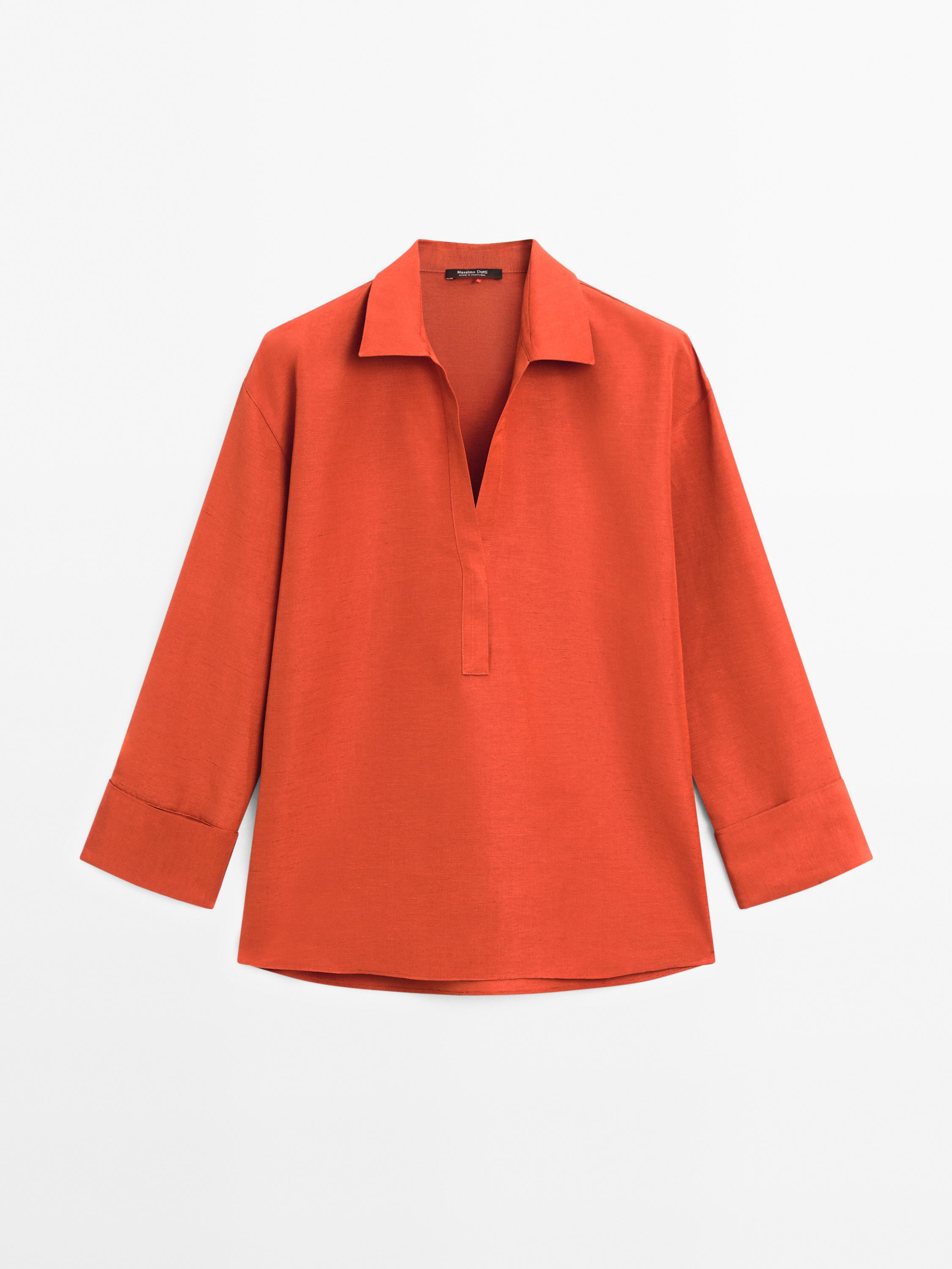 Polo neck blouse with linen