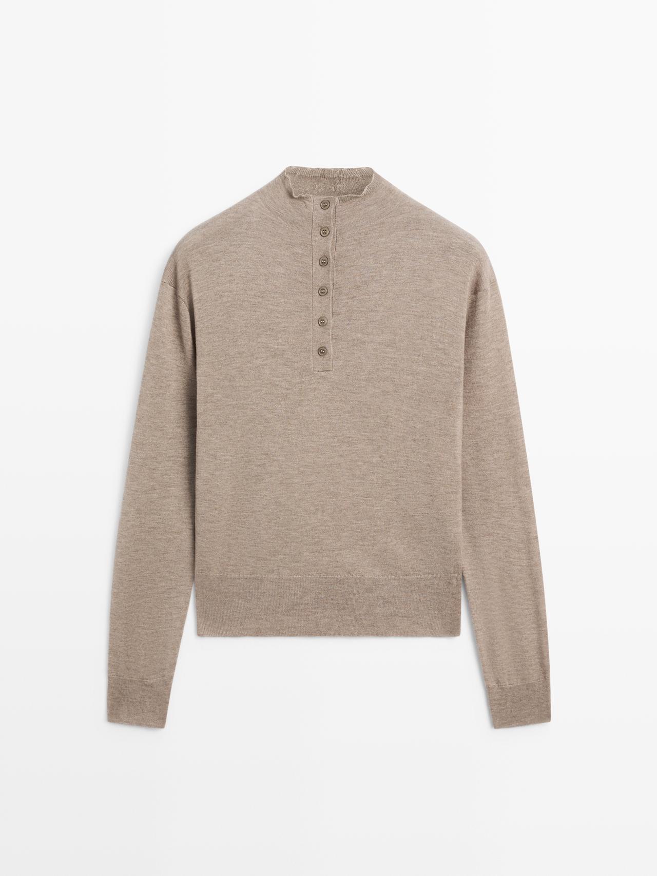 Massimo Dutti - Dame - Strikket Trøje Med Høj Hals Og Knapper - Mink - M