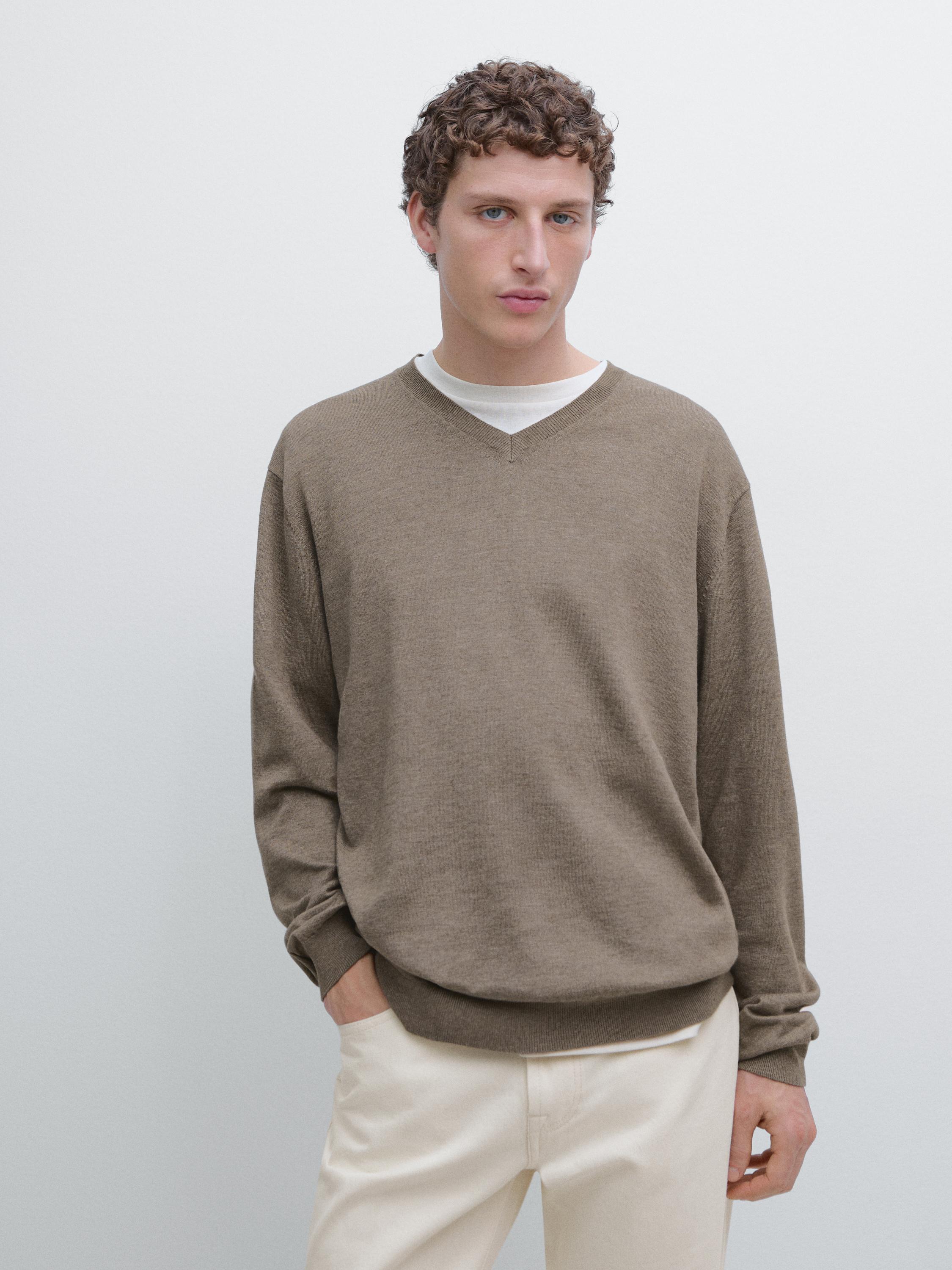 Cotton blend V-neck knit sweater — KHAKI