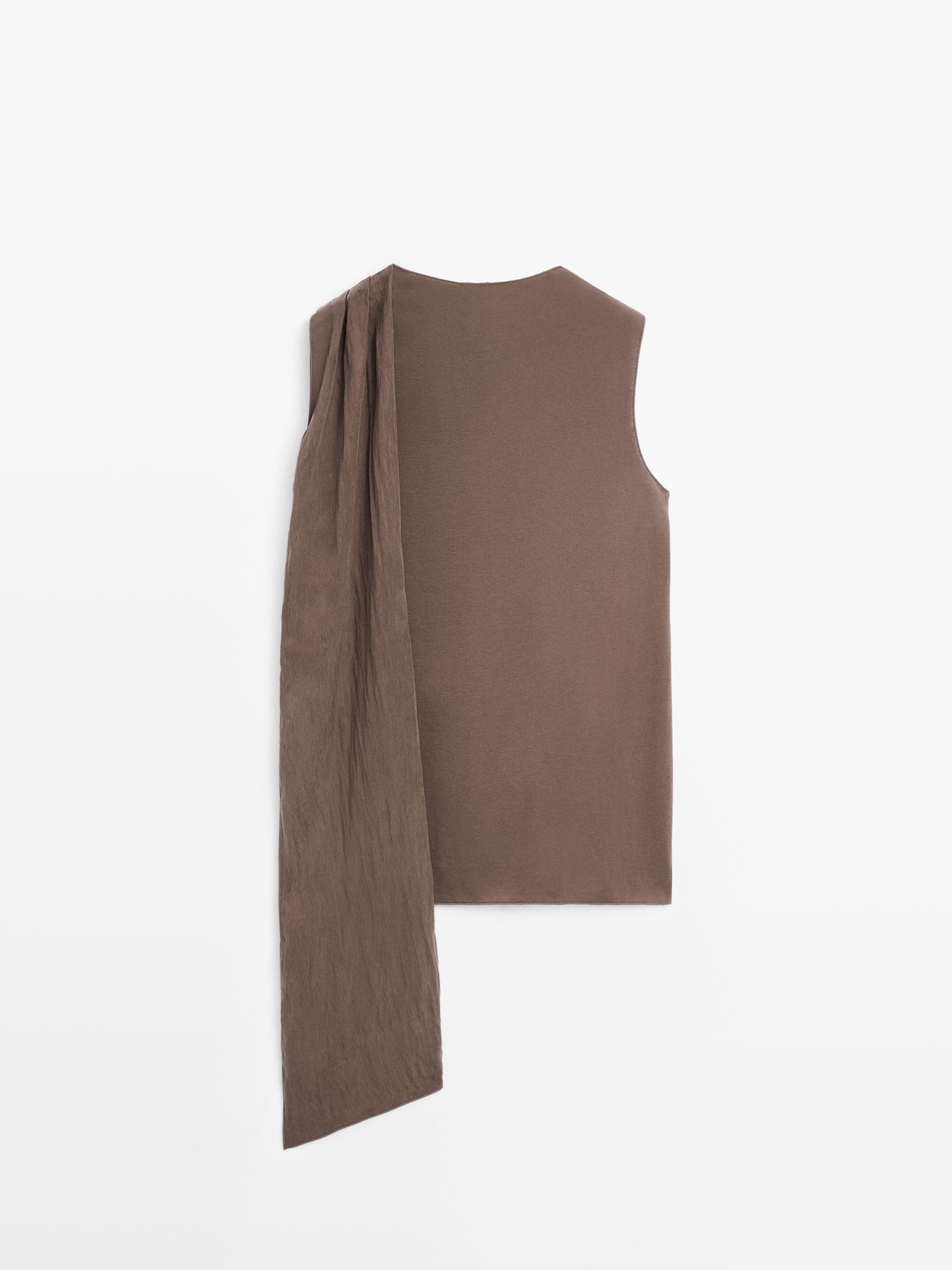 Crossover top with shoulder scarf detail — BROWN