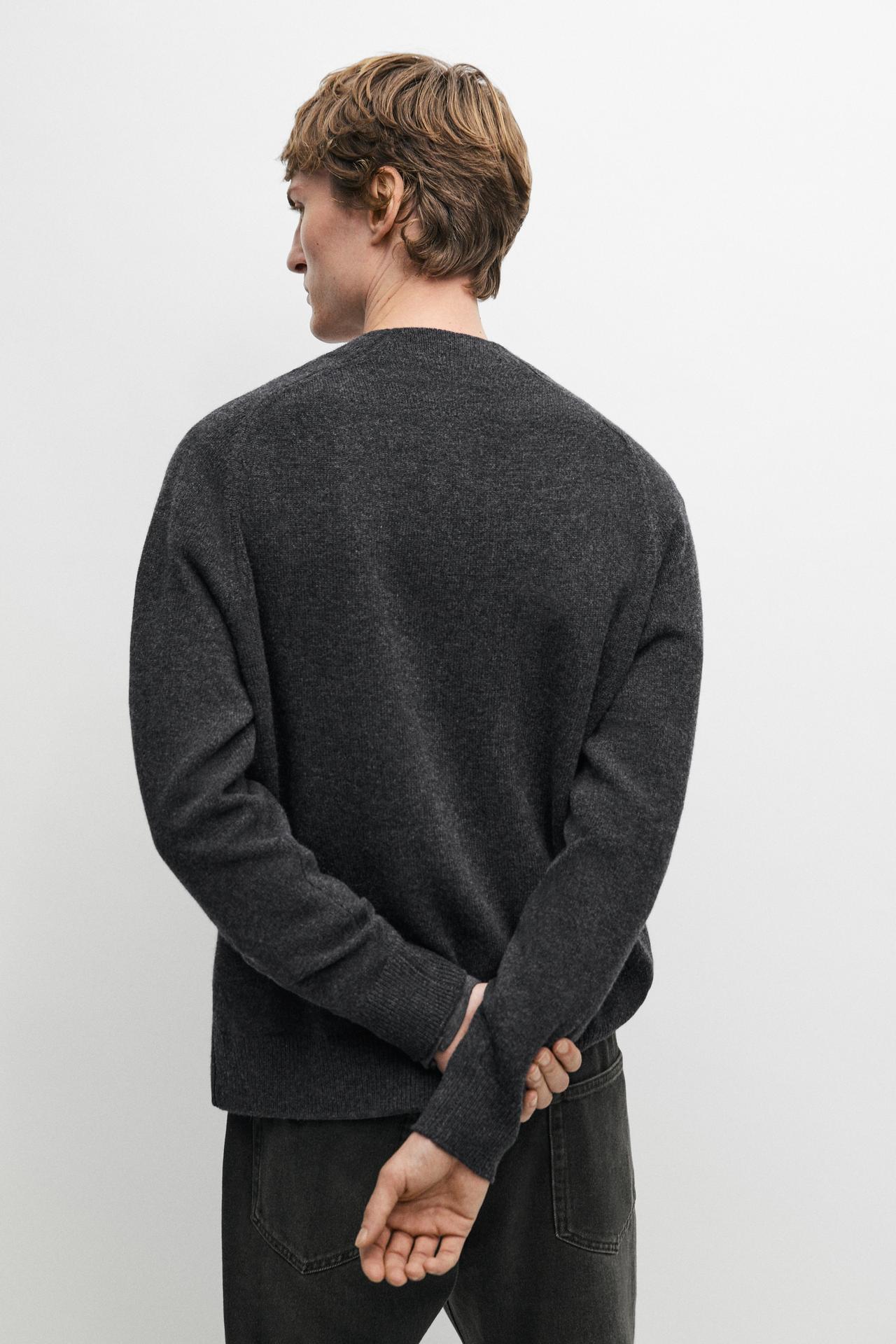 Wool blend mock neck knit cardigan — DARK GREY