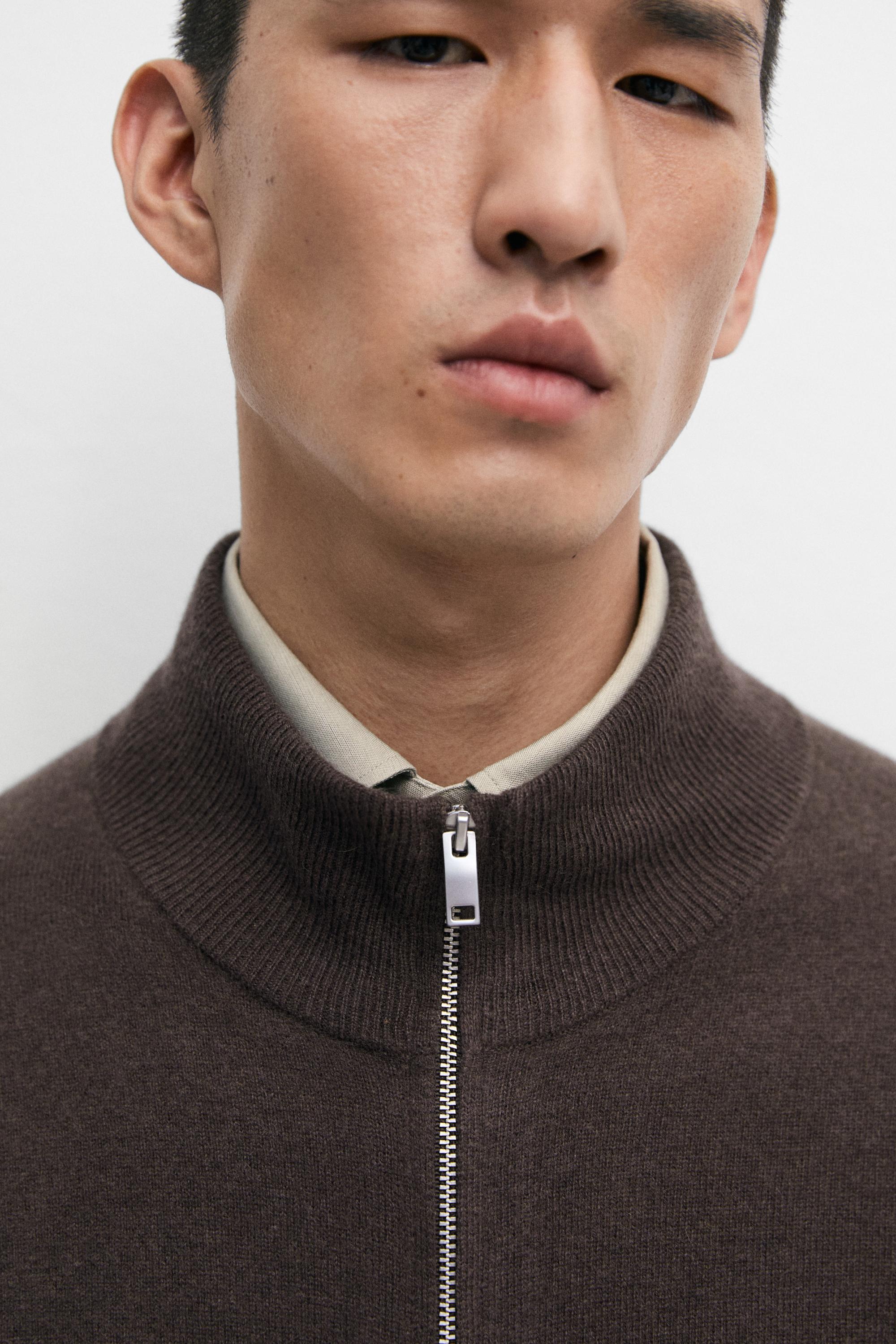 Wool blend zip-detail cardigan — BROWN