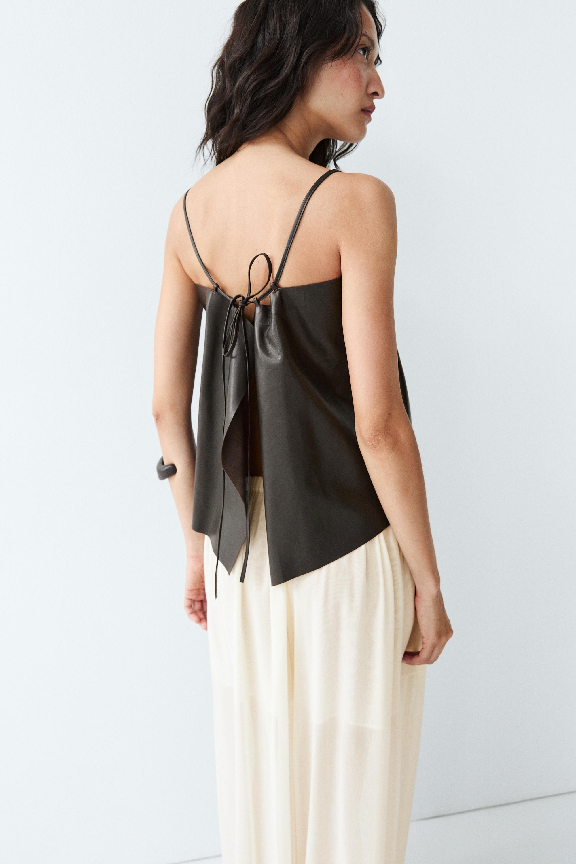Nappa leather strappy top with back detail — BROWN