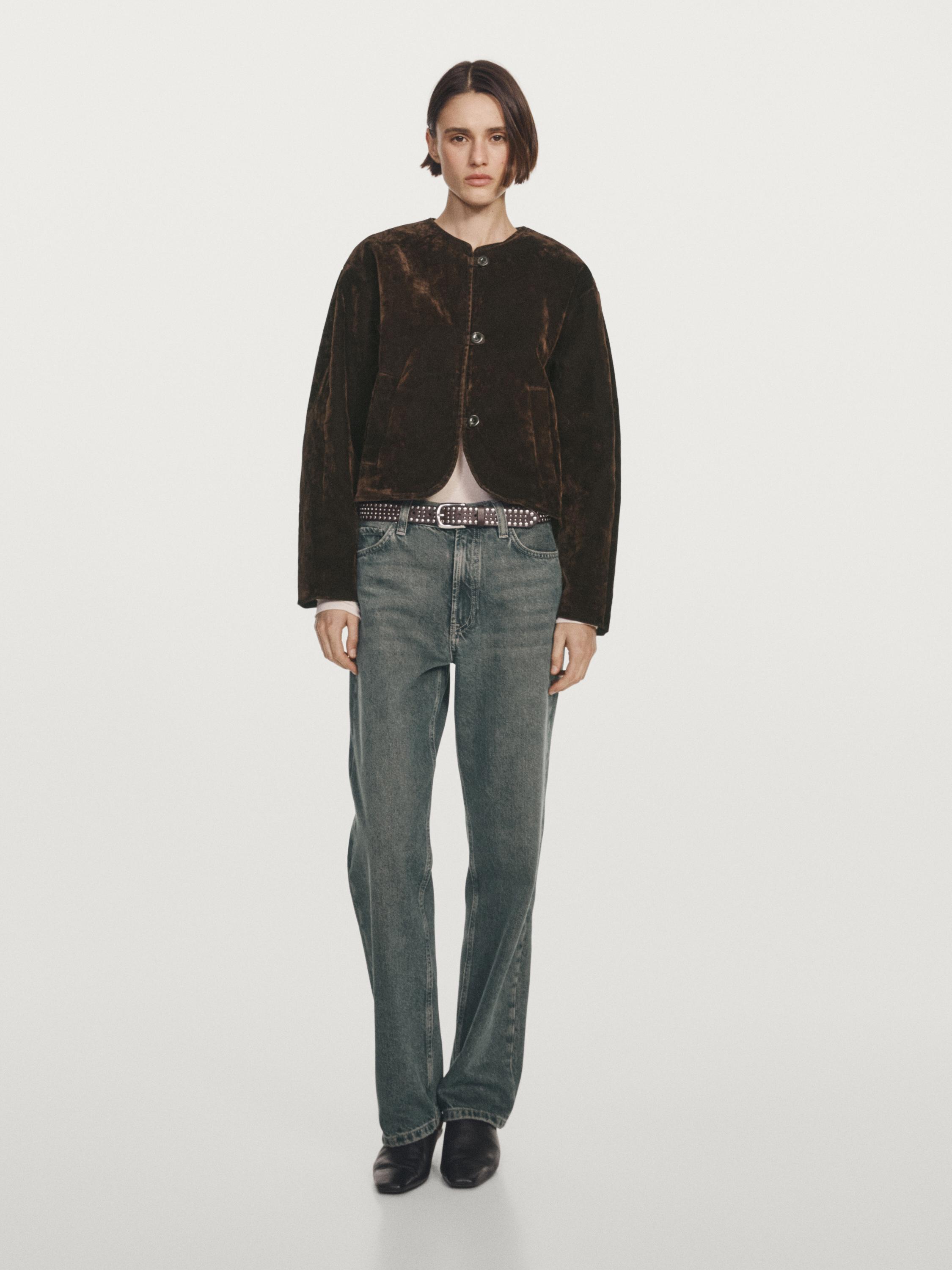 Short denim jacket with velvet finish
