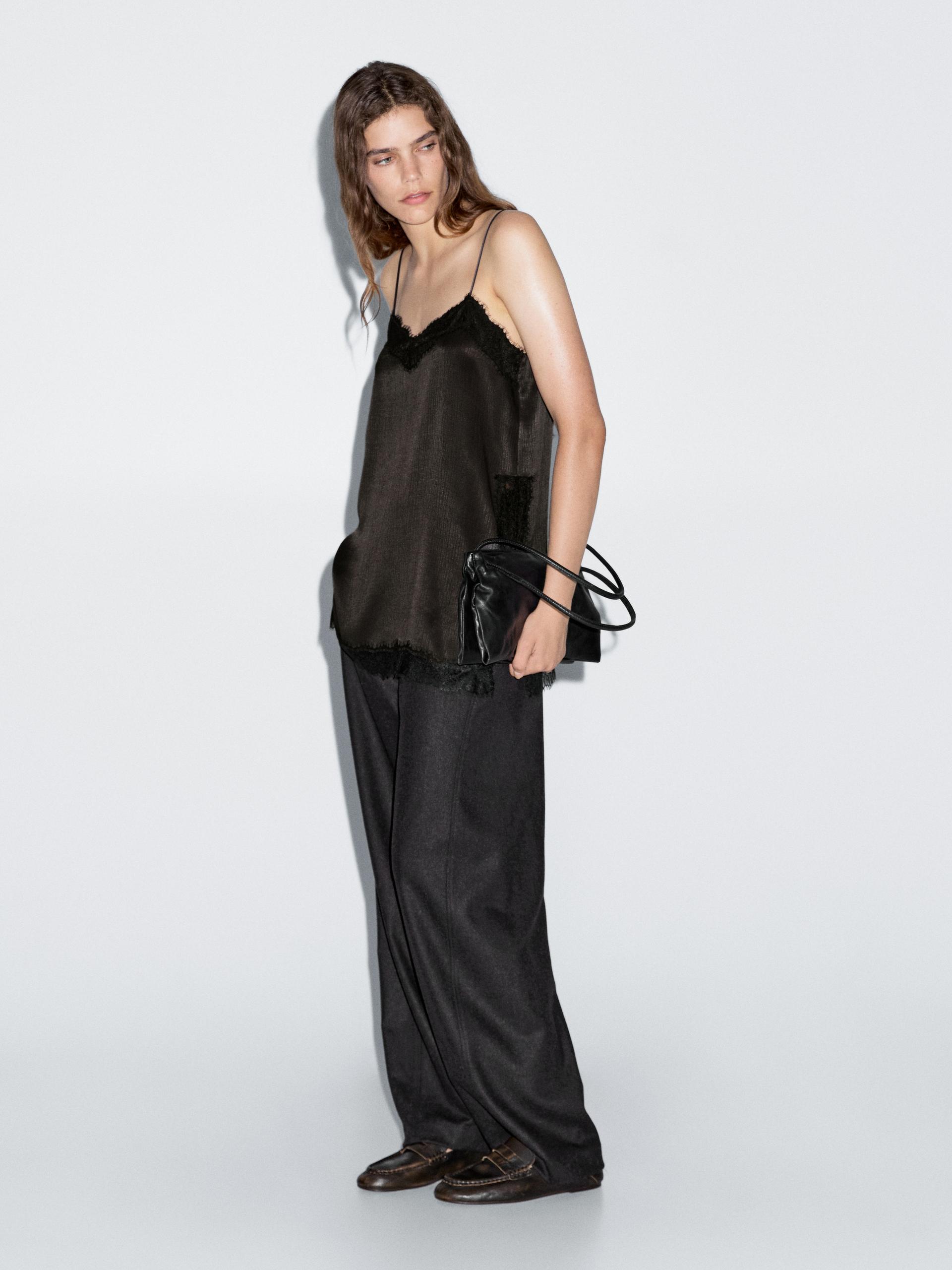 Top De Estilo Lingerie Com Pormenor De Aberturas - Castanho - S - Massimo Dutti - Mulher