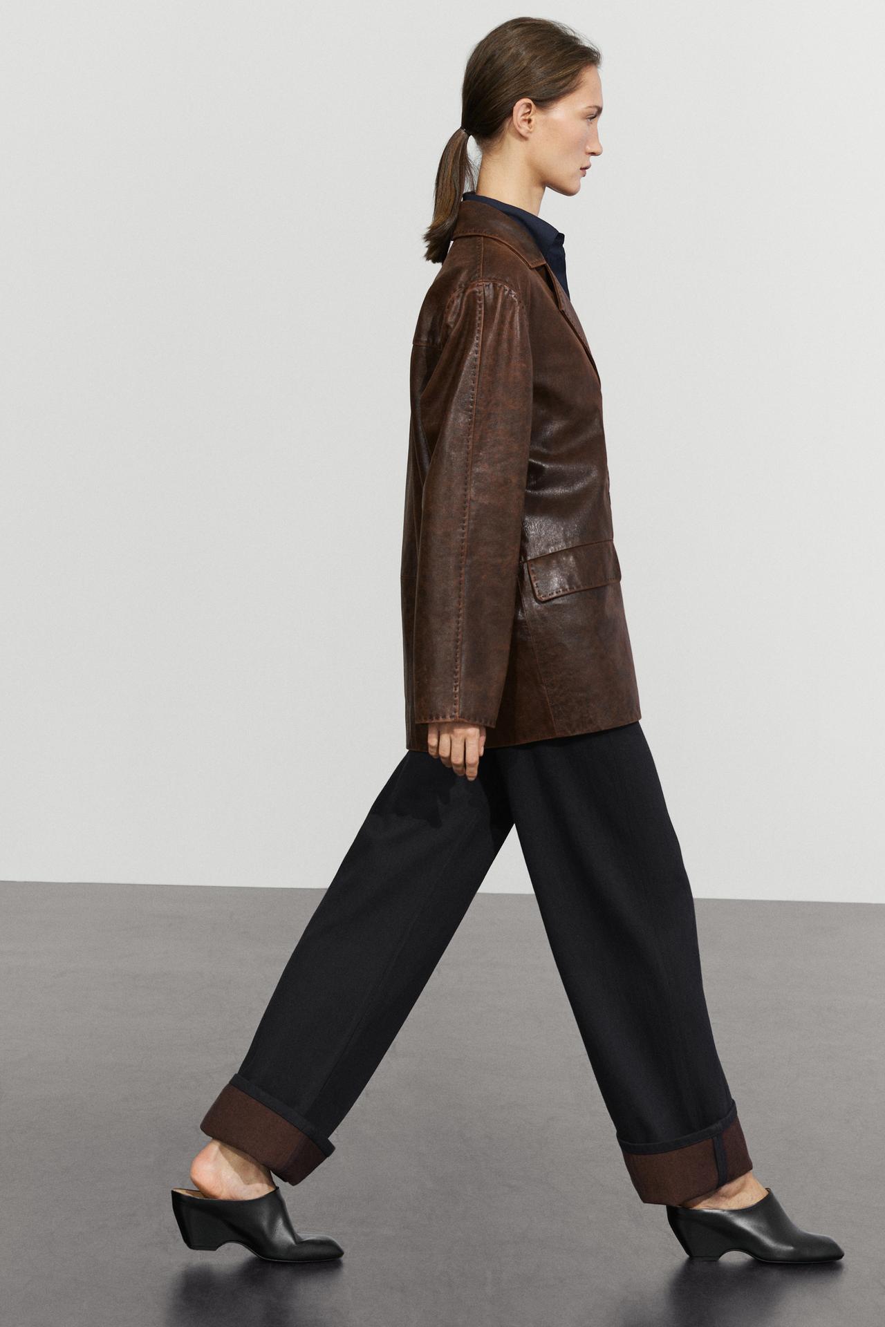 Distressed effect leather blazer — BROWN