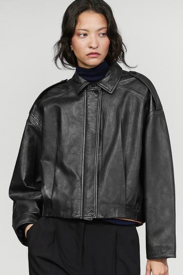 Nappa leather bomber jacket with lapel collar — KHAKI 3