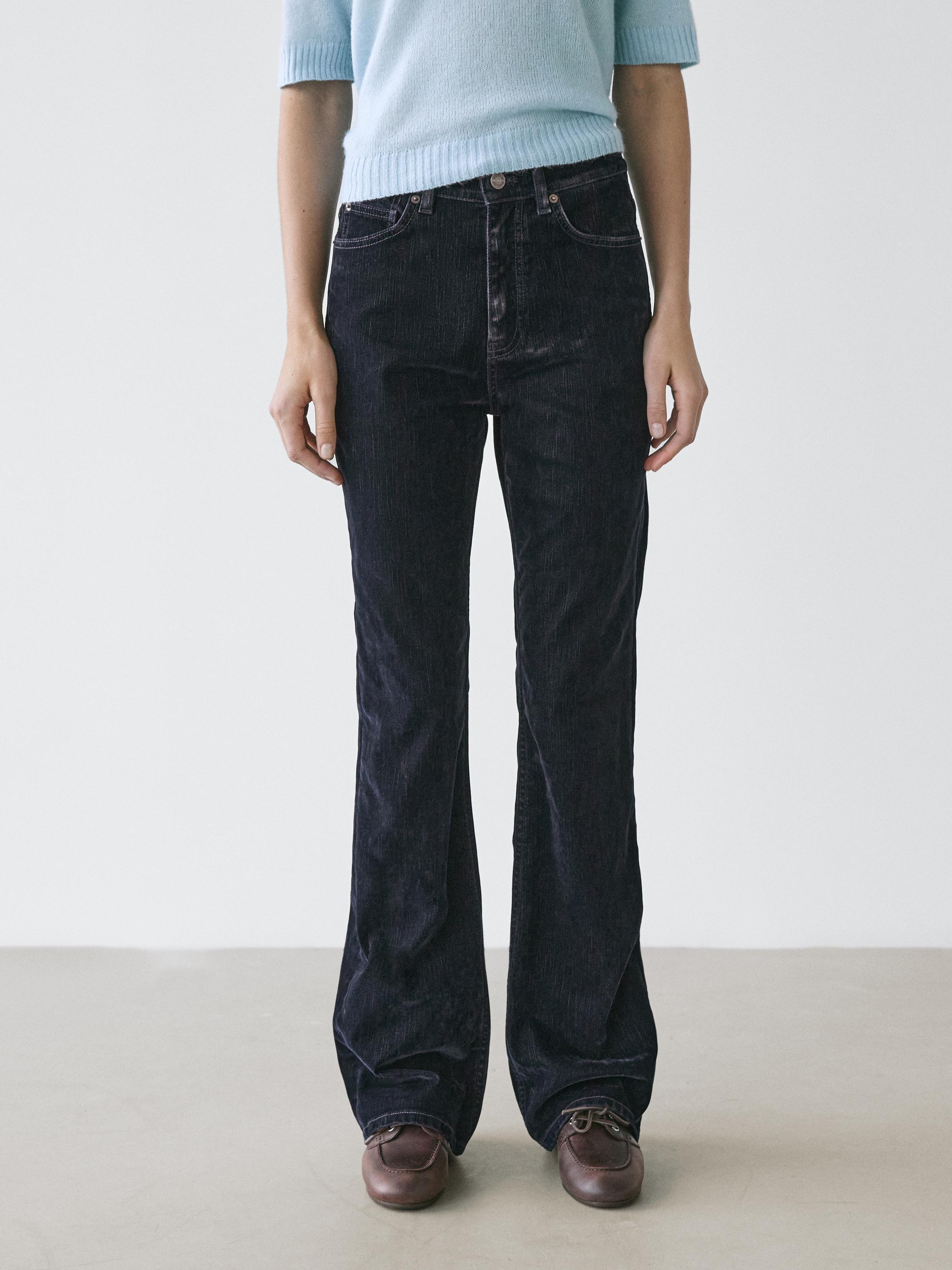 High-waist boot-cut flocked jeans — Misty blue