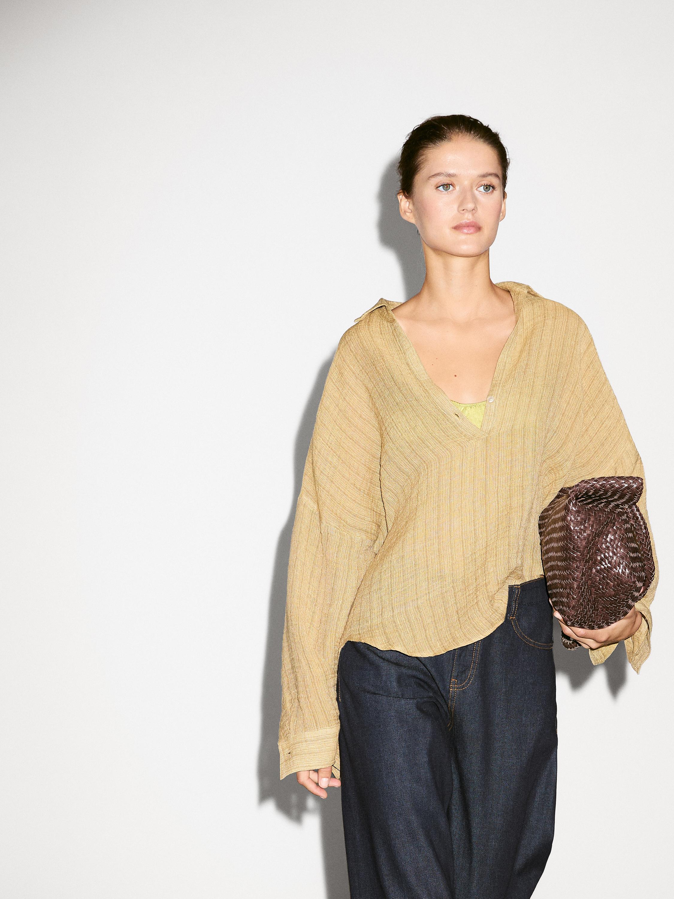 Linen blend open polo collar blouse