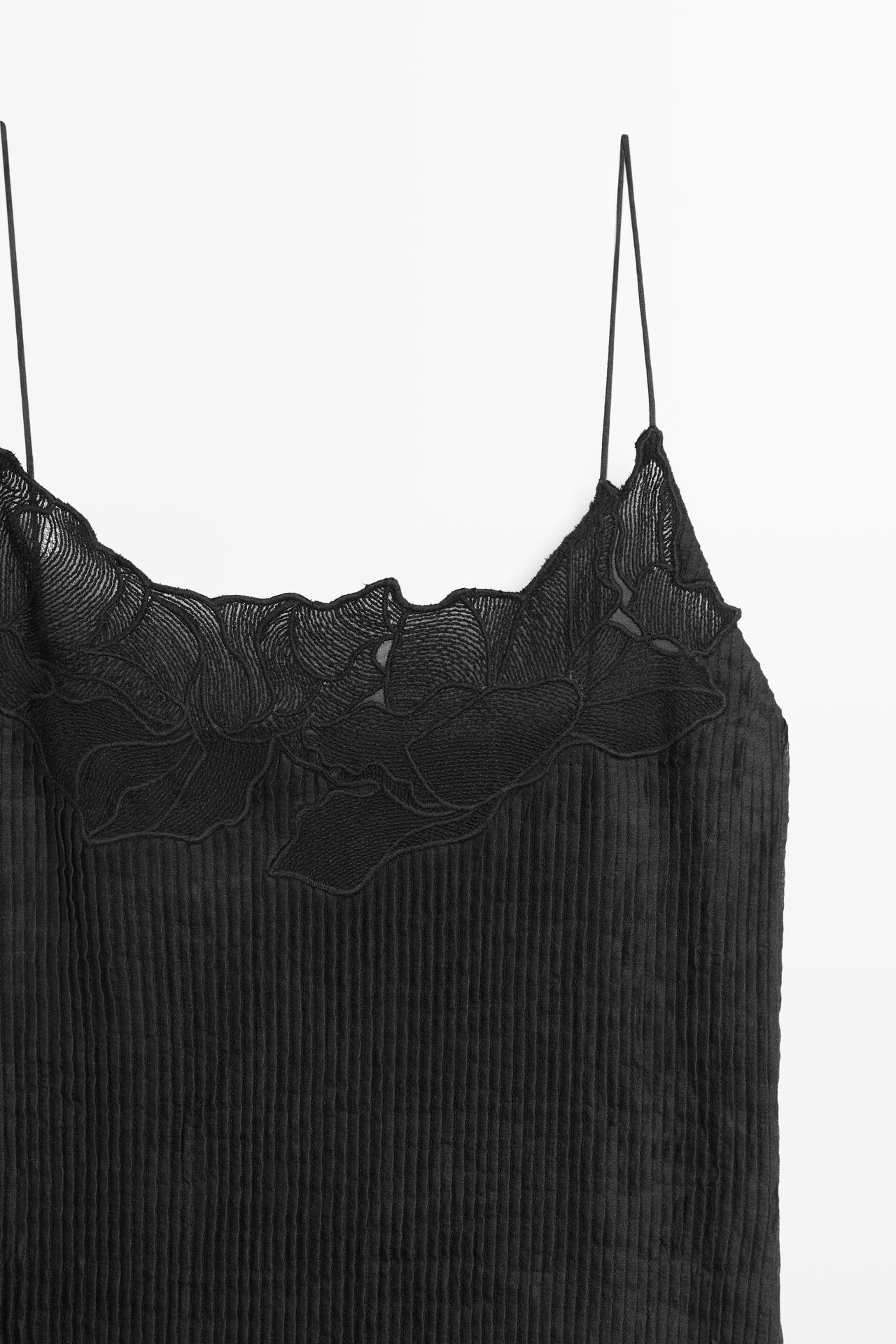 Flowing embroidered midi dress with pintuck detail — BLACK