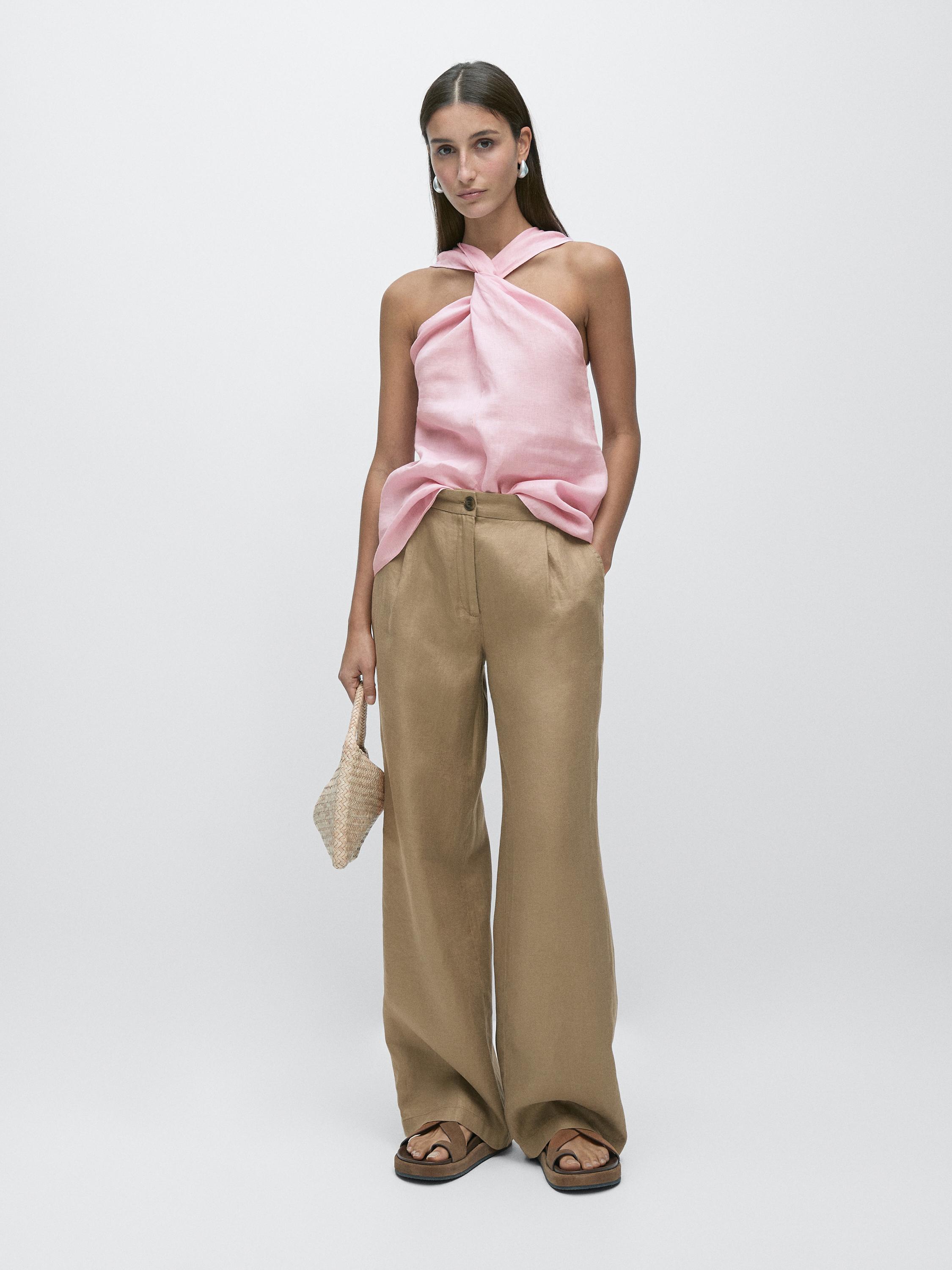 100% linen wide-leg elasticated trousers