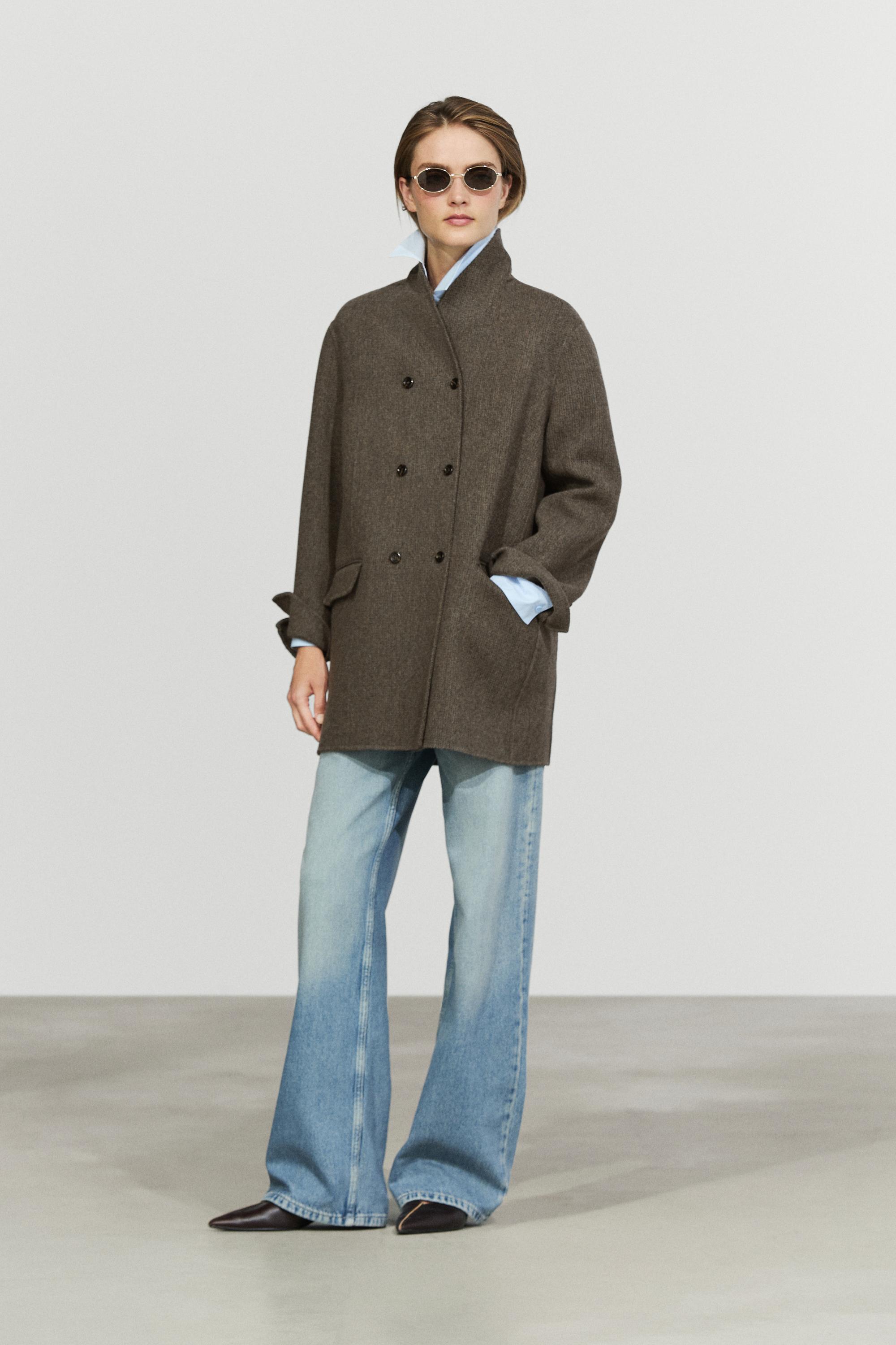 Mid-length double-breasted coat with button detail — BROWN