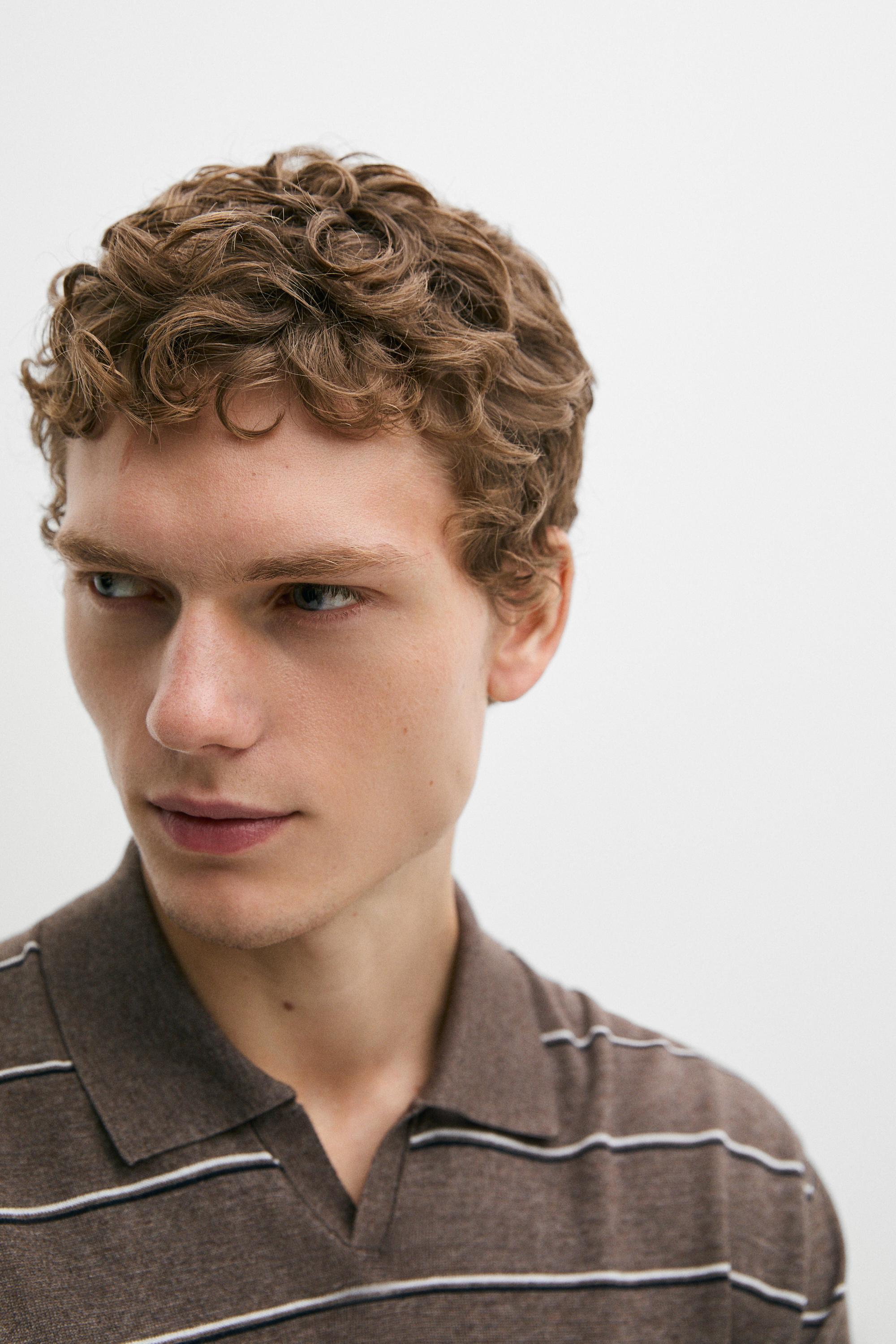 Striped knit V-neck polo shirt — CAREY