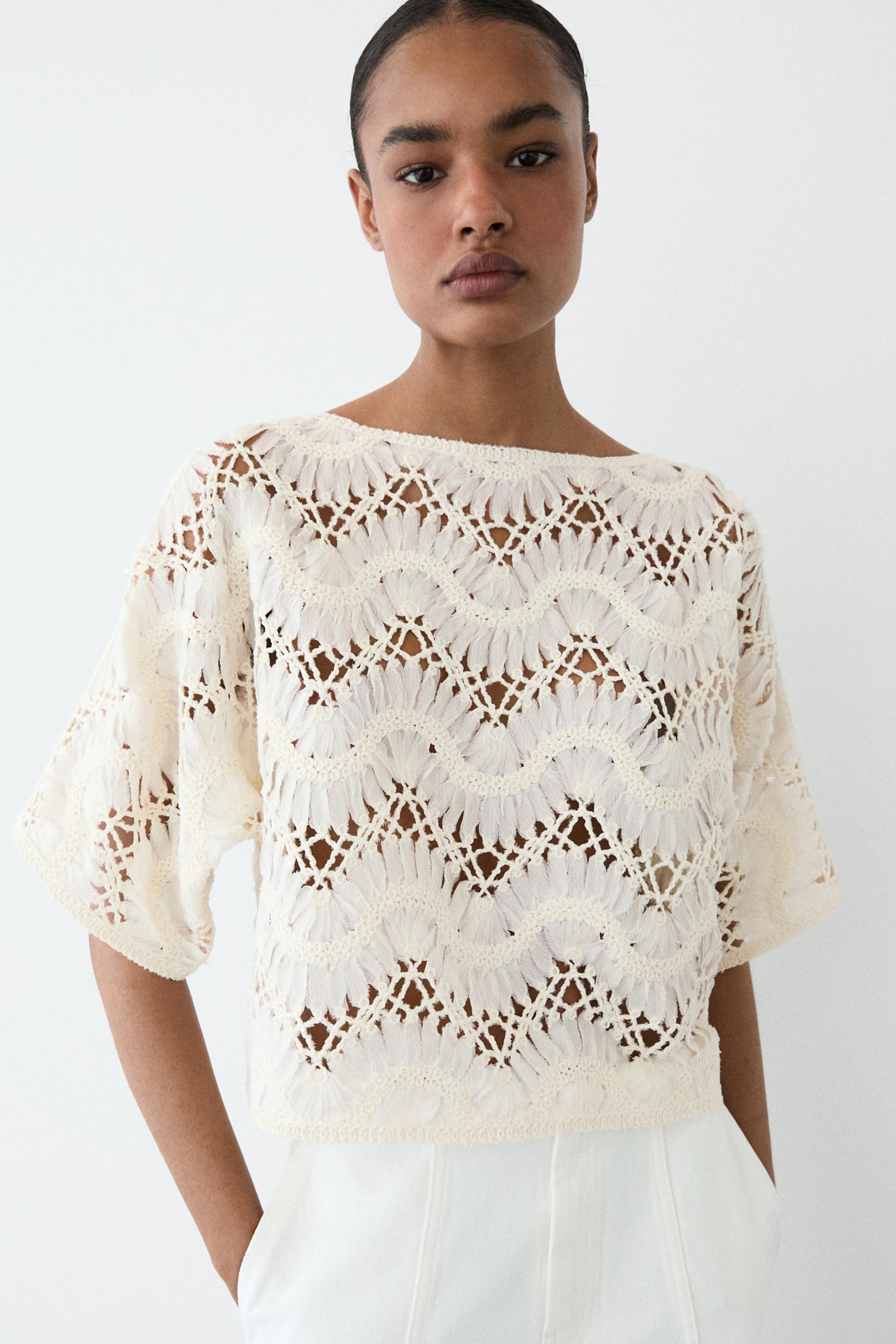 Short sleeve crochet top — CREAM
