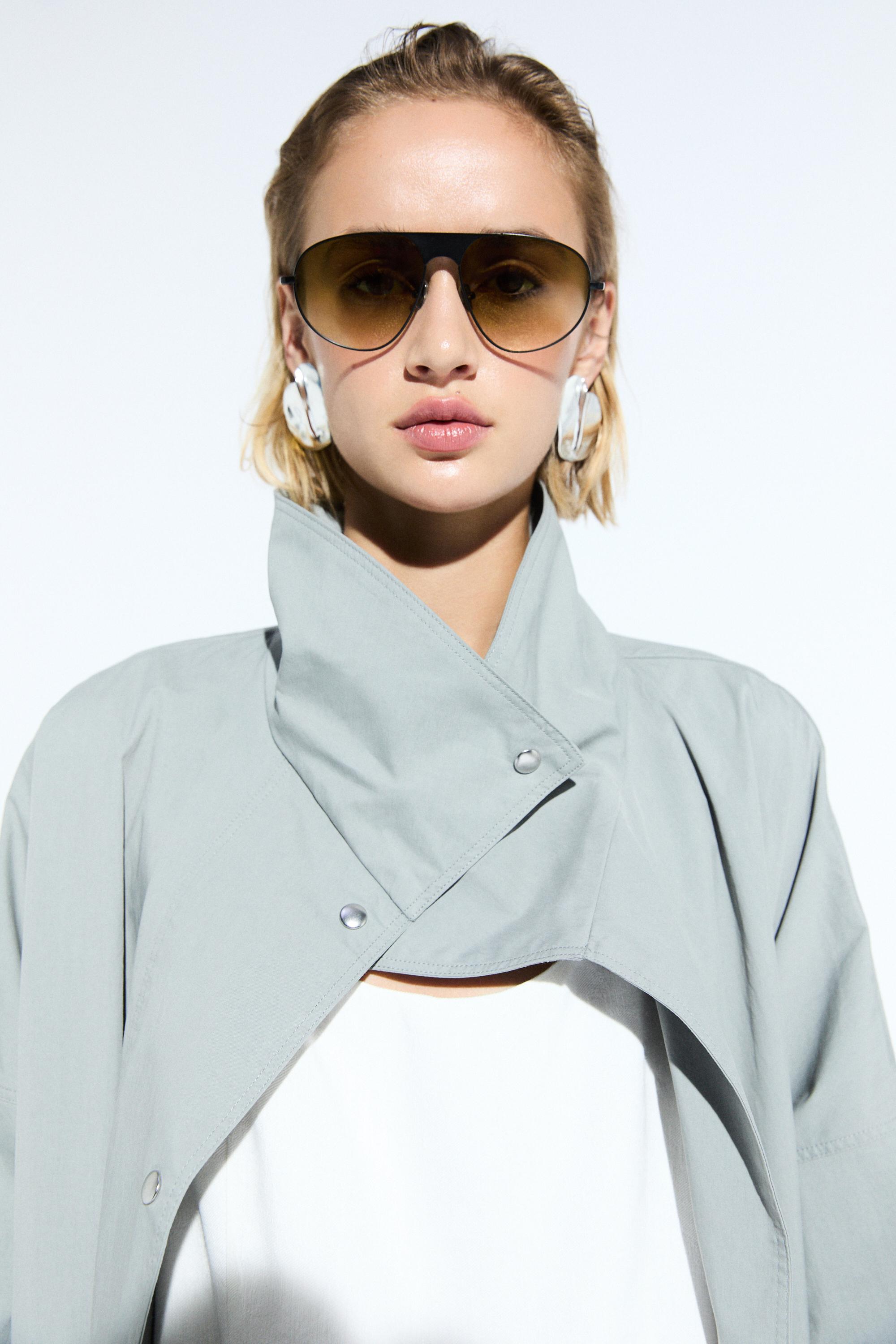 High collar bomber jacket with pocket details — Light blue