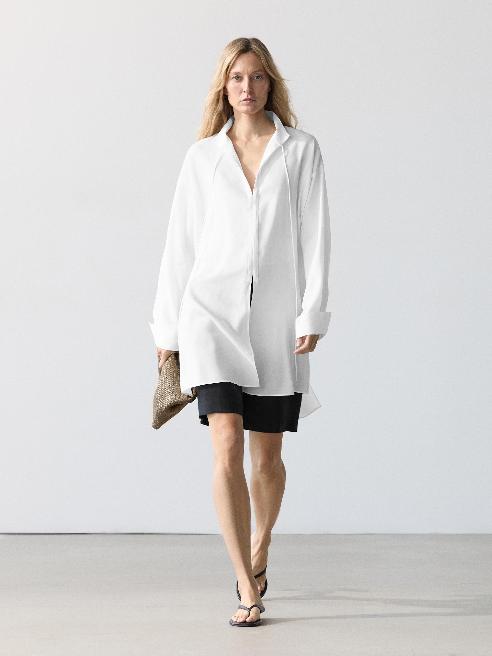 Chemisier Fluide Col Officier En Lin - Blanc Cassé - L - Massimo Dutti - Femme