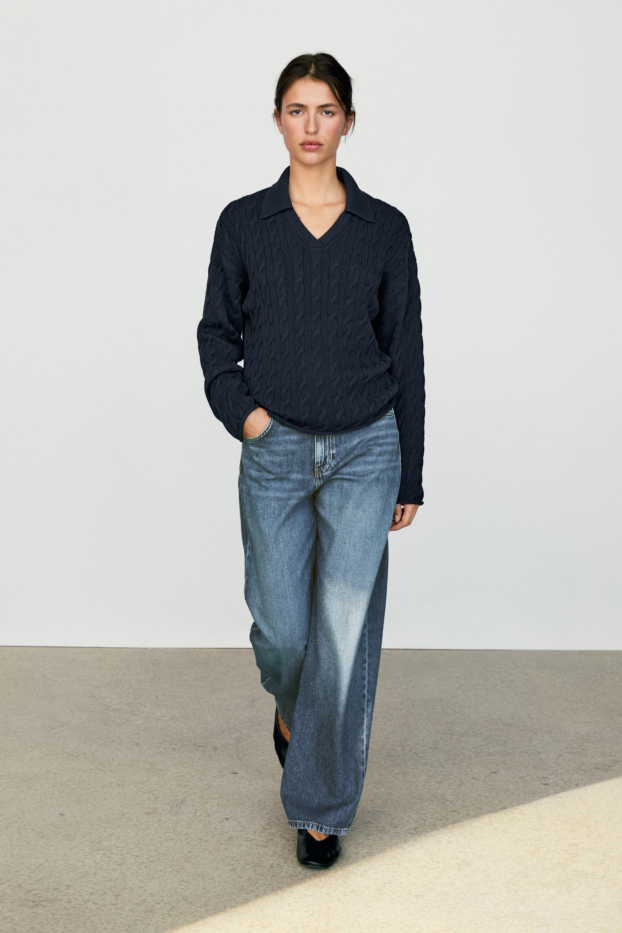Cotton blend knit polo collar sweater