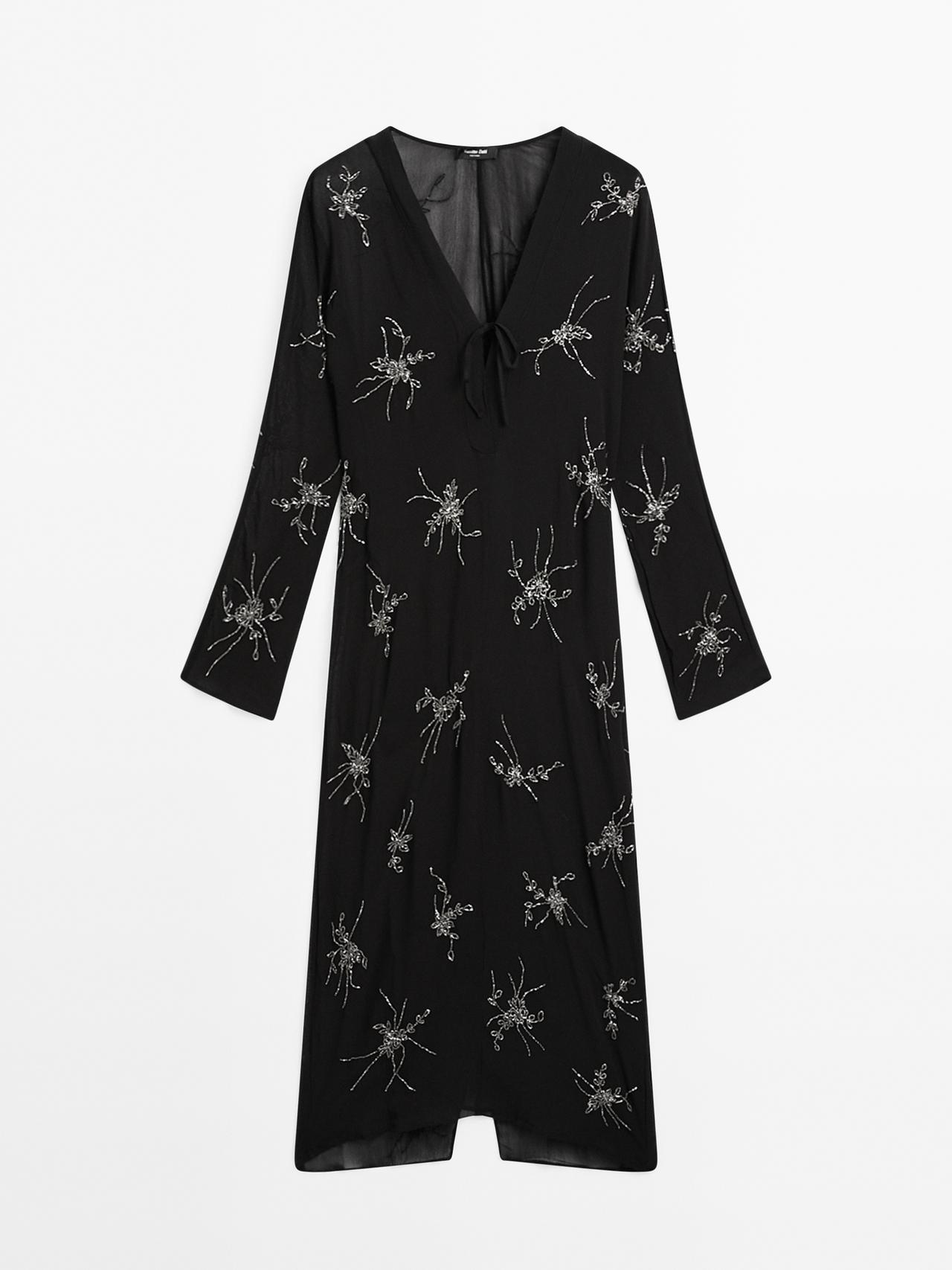 Massimo Dutti - Dame - Midikjole Med Blødt Fald Og Broderi - Sort - Xs