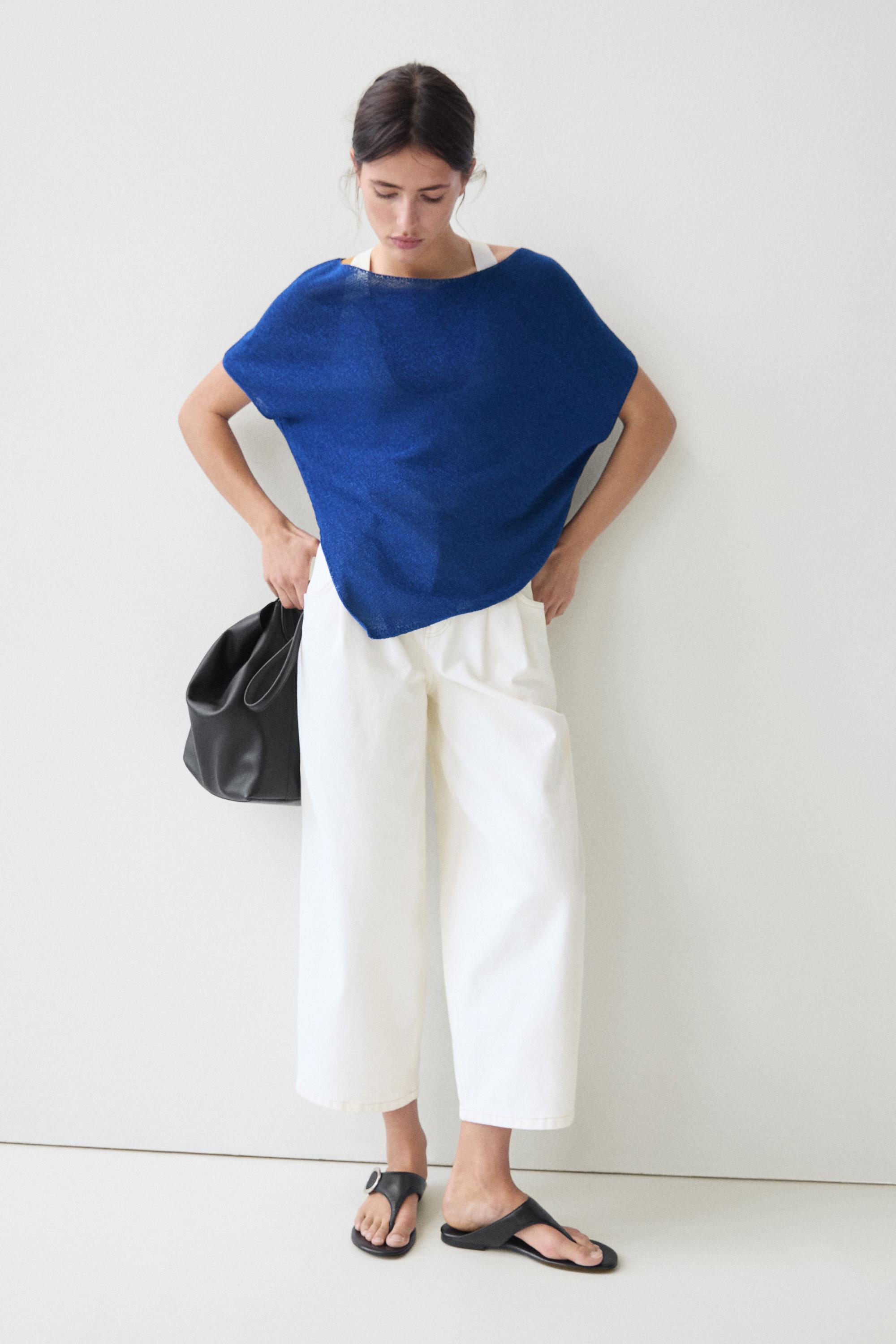 Asymmetric short sleeve linen T-shirt — DEEP BLUE