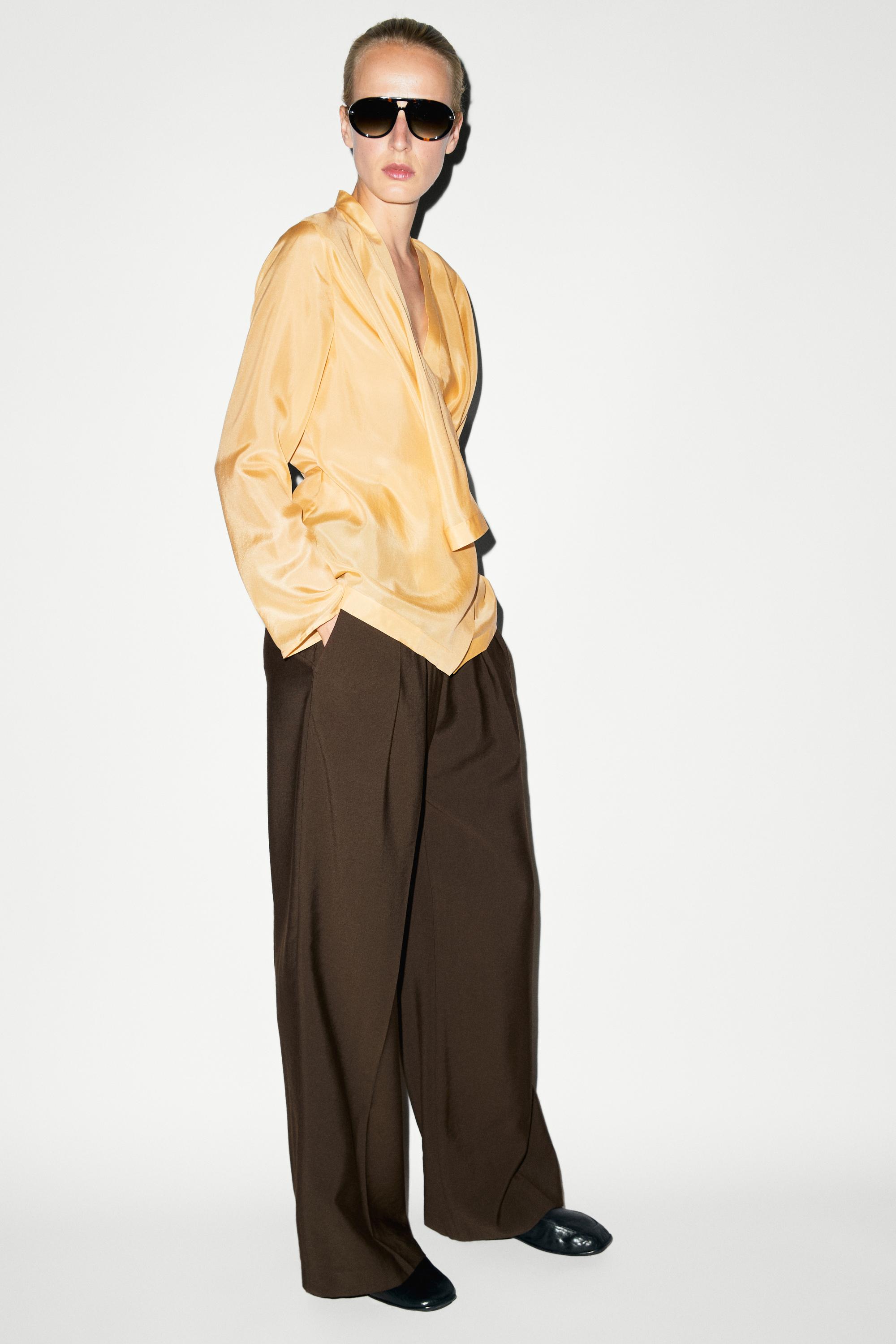 100% silk flowing wrap shirt — Mustard