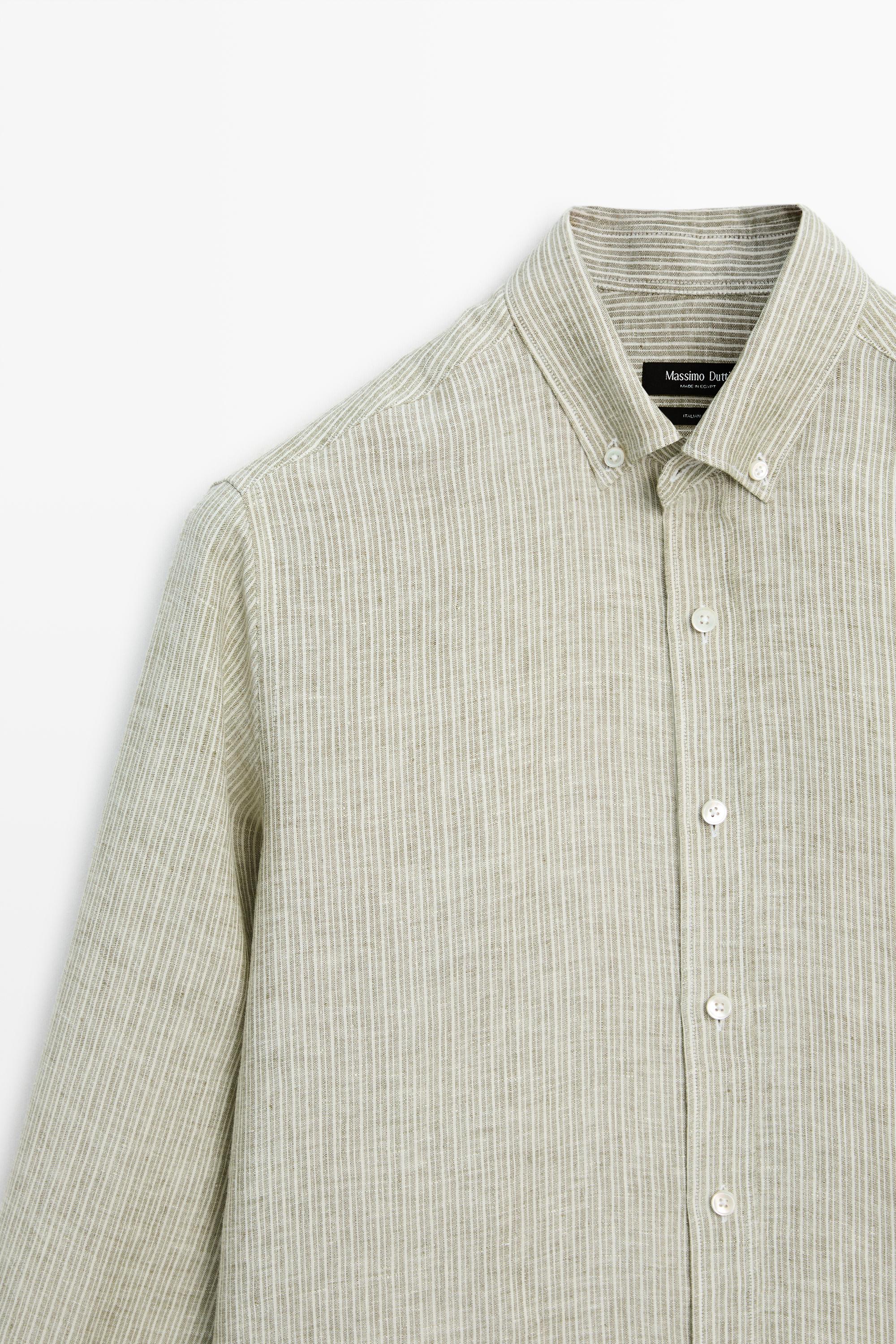 100% linen regular fit striped shirt — GREEN