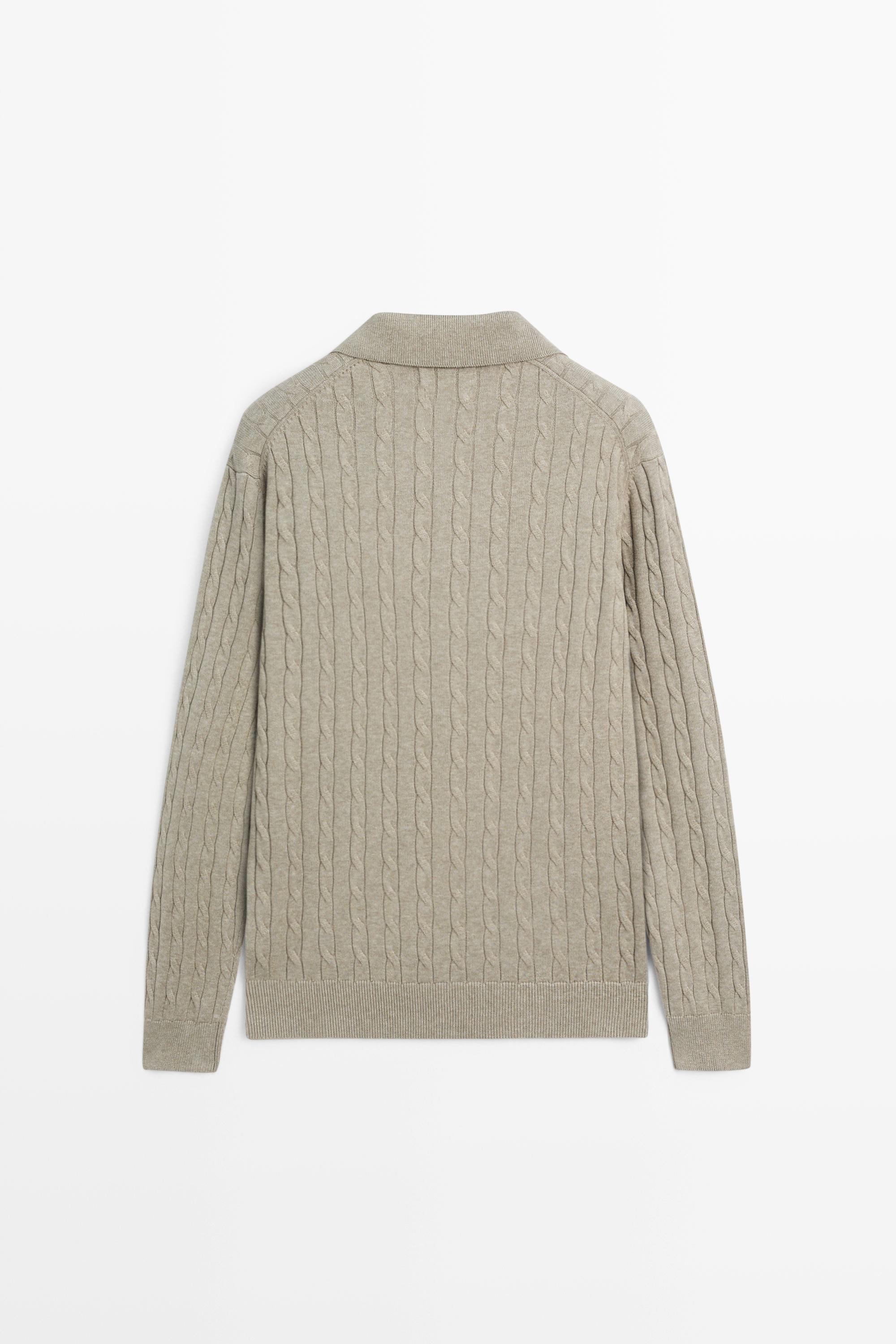 100% Cotton Cable-Knit Polo Sweater — Greyish green