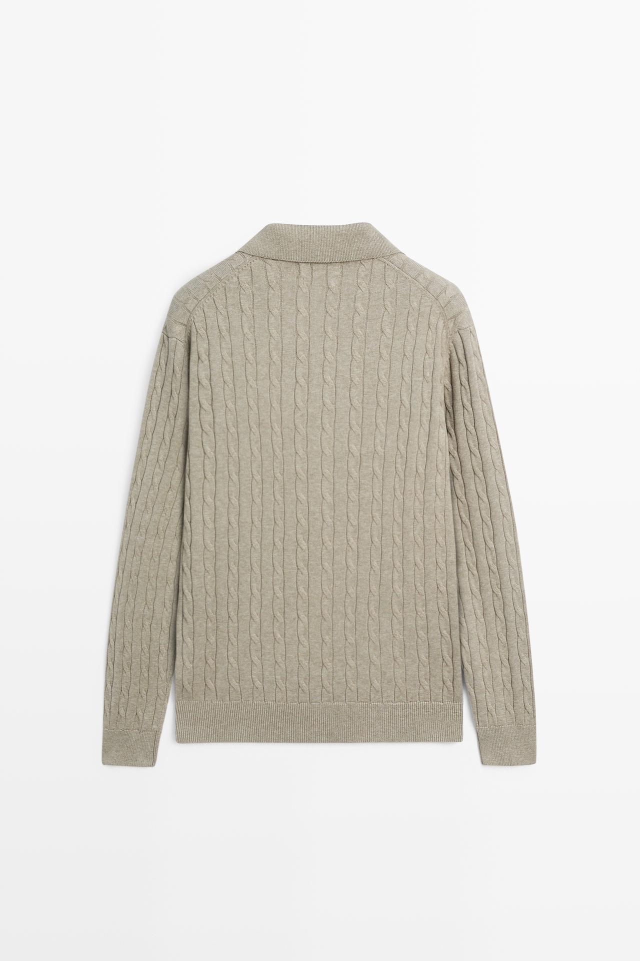 100% Cotton Cable-Knit Polo Sweater — Greyish green