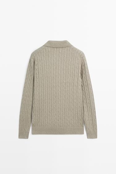 100% Cotton Cable-Knit Polo Sweater — Greyish green 6
