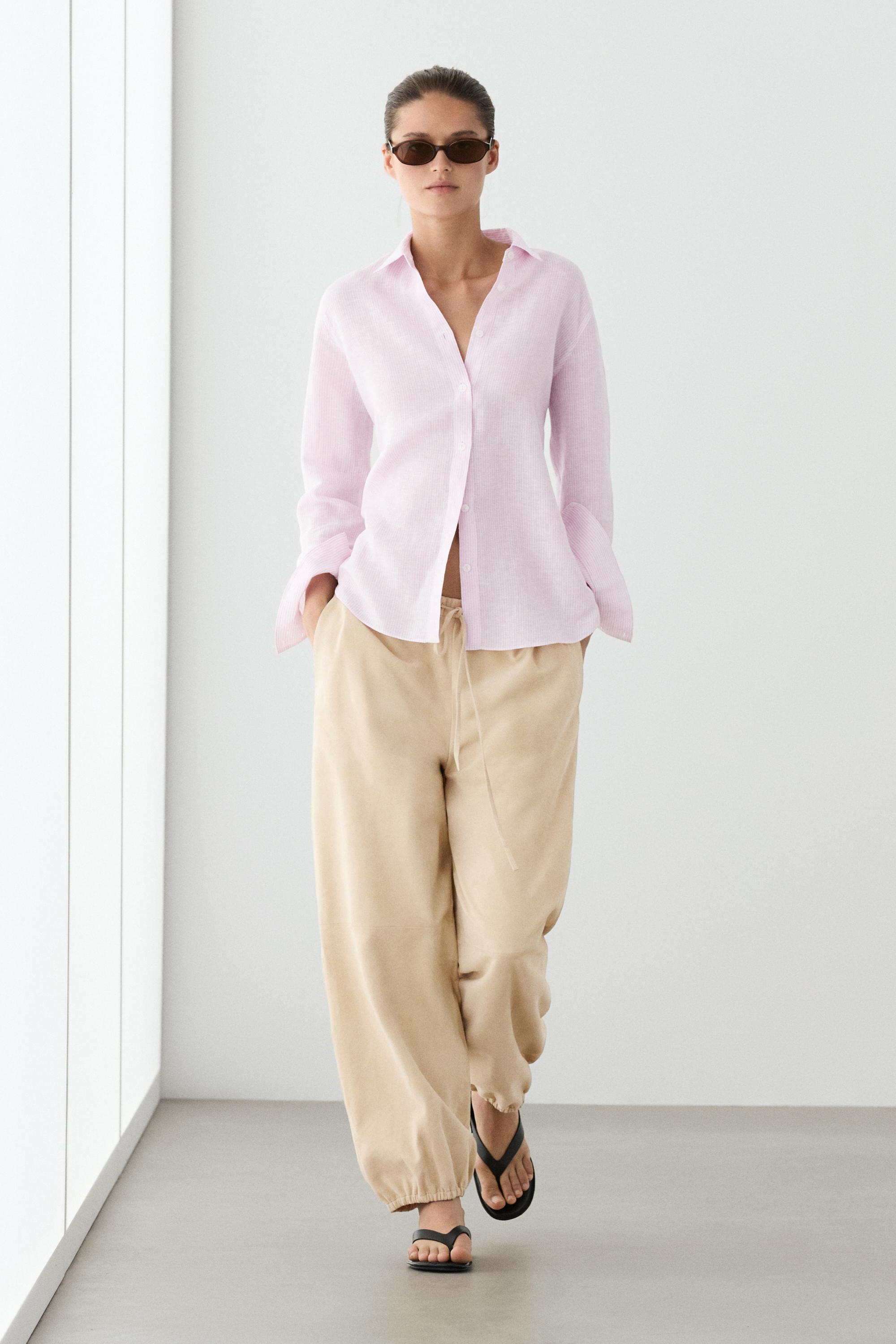 100% linen shirt with striped details — Pink