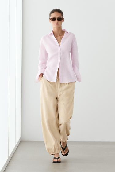 100% linen shirt with striped details — Pink 1